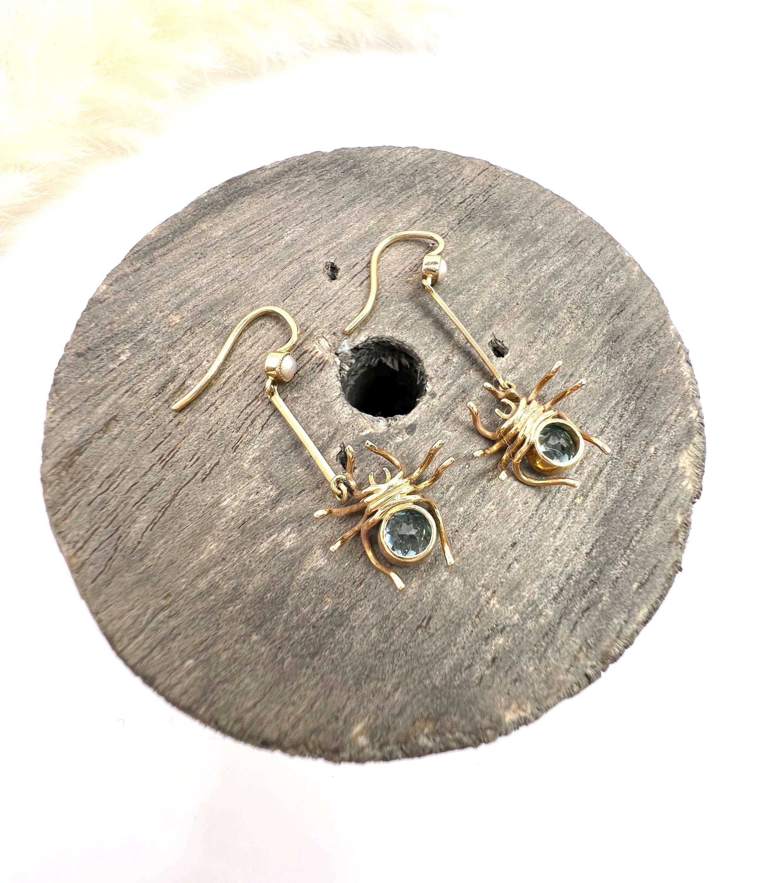 Antike 15ct Gelbgold, Edwardian Topas & Seed Pearl Spider Drop Ohrringe im Zustand „Gut“ im Angebot in Brighton, GB