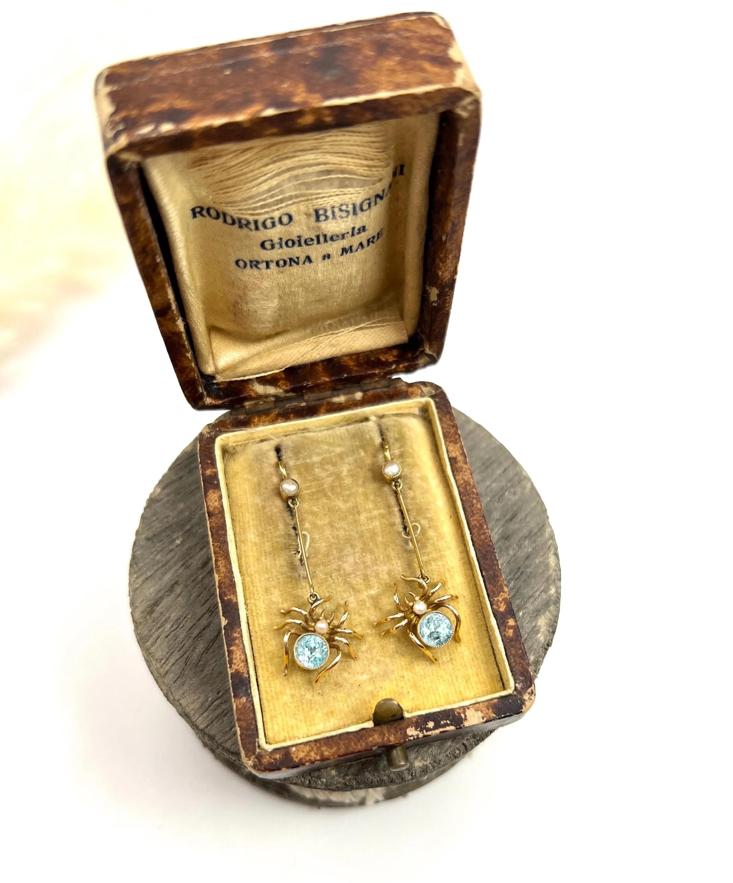Antike 15ct Gelbgold, Edwardian Topas & Seed Pearl Spider Drop Ohrringe für Damen oder Herren im Angebot