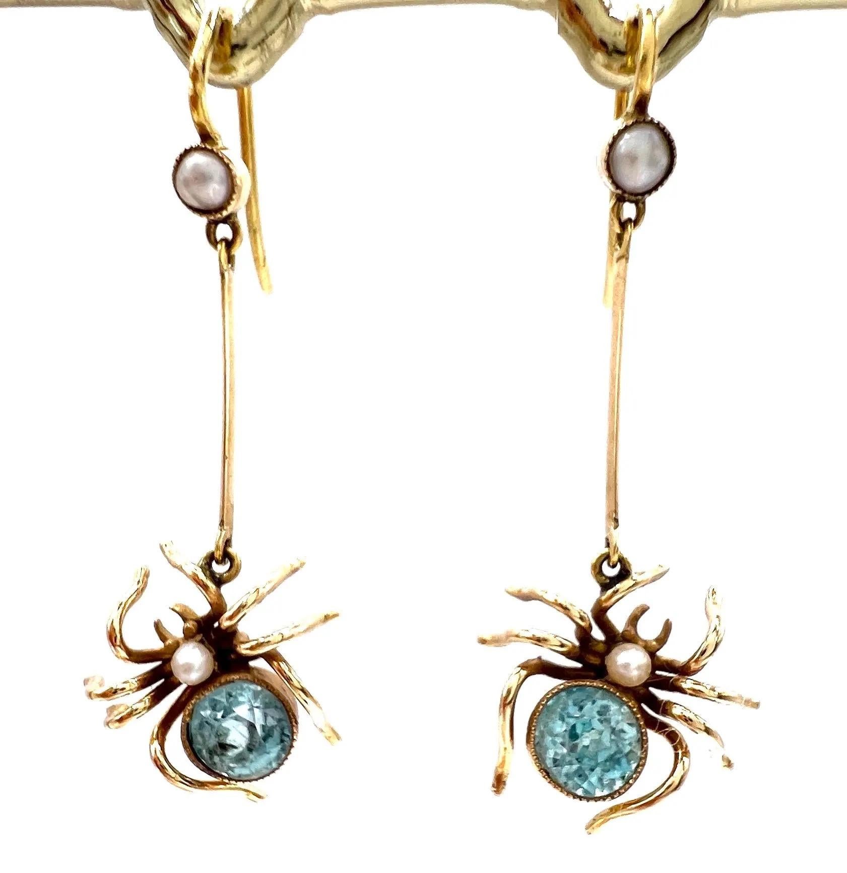 Antike 15ct Gelbgold, Edwardian Topas & Seed Pearl Spider Drop Ohrringe im Angebot 1