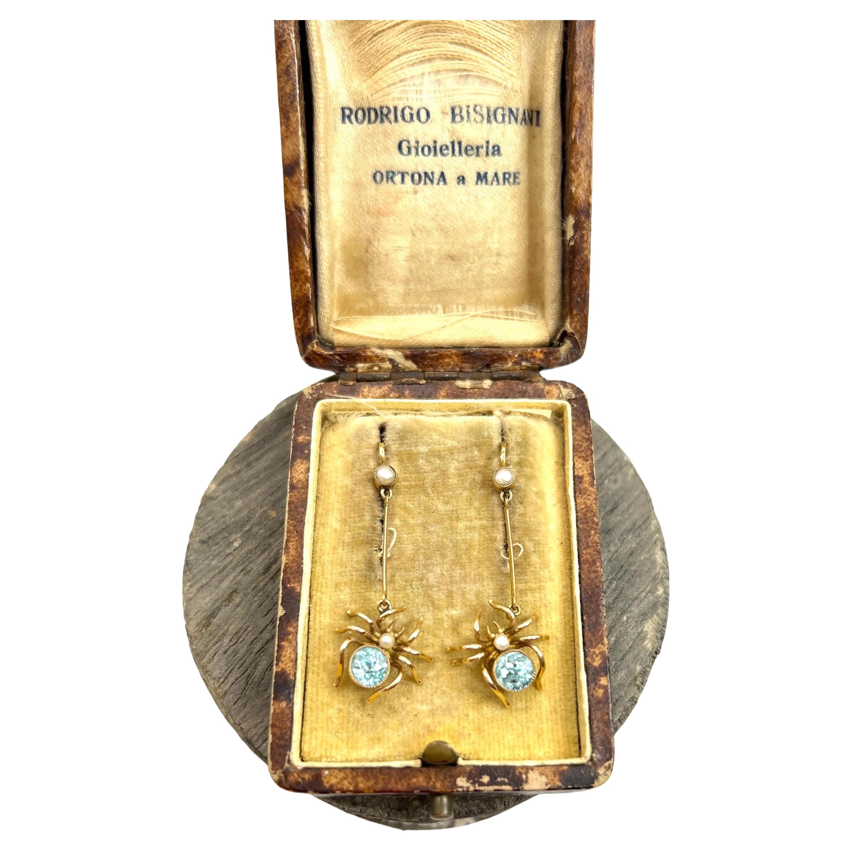 Antike 15ct Gelbgold, Edwardian Topas & Seed Pearl Spider Drop Ohrringe im Angebot