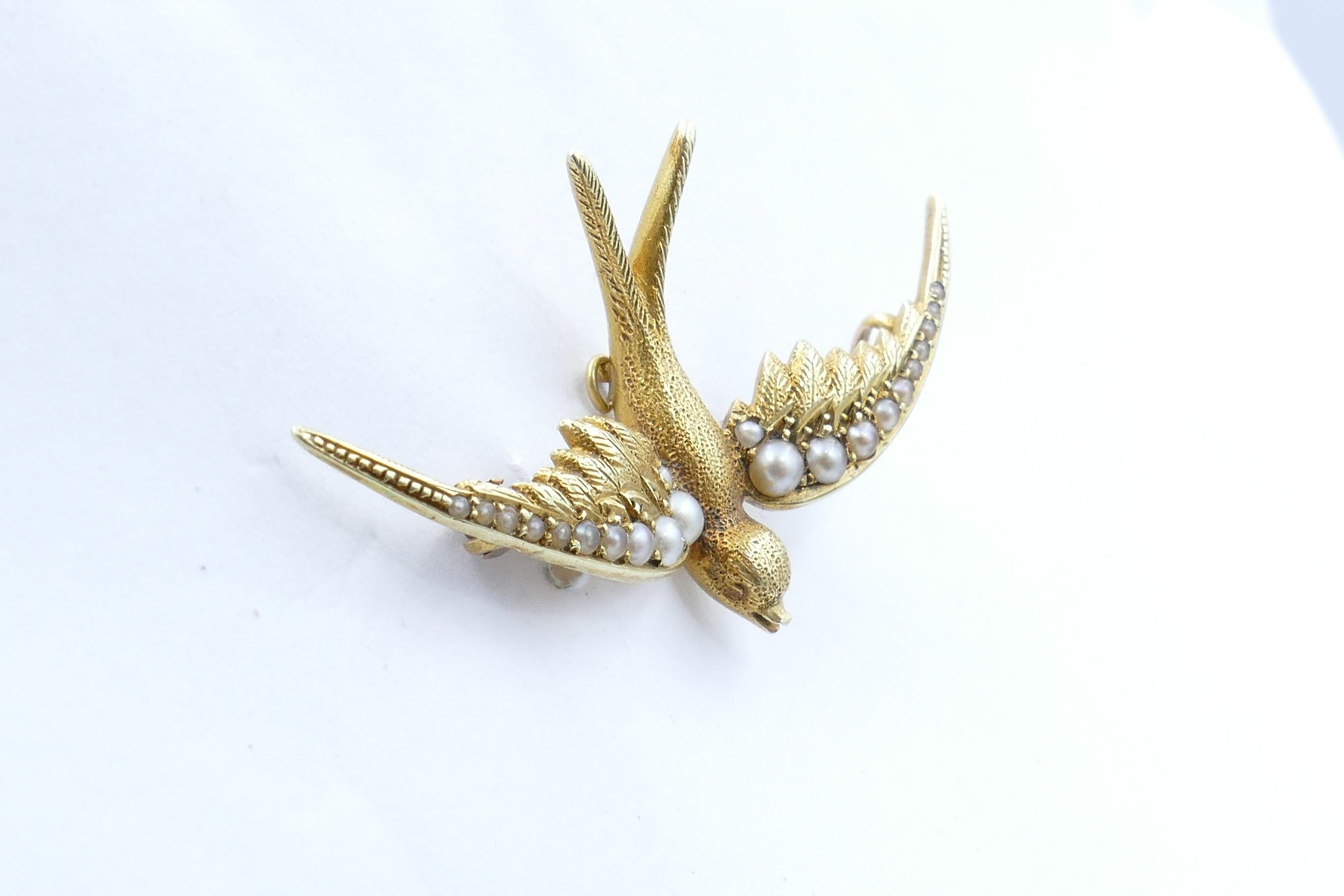 Victorian Antique 15 Carat Yellow Gold and Seed Pearl Australian Sparrow Brooch
