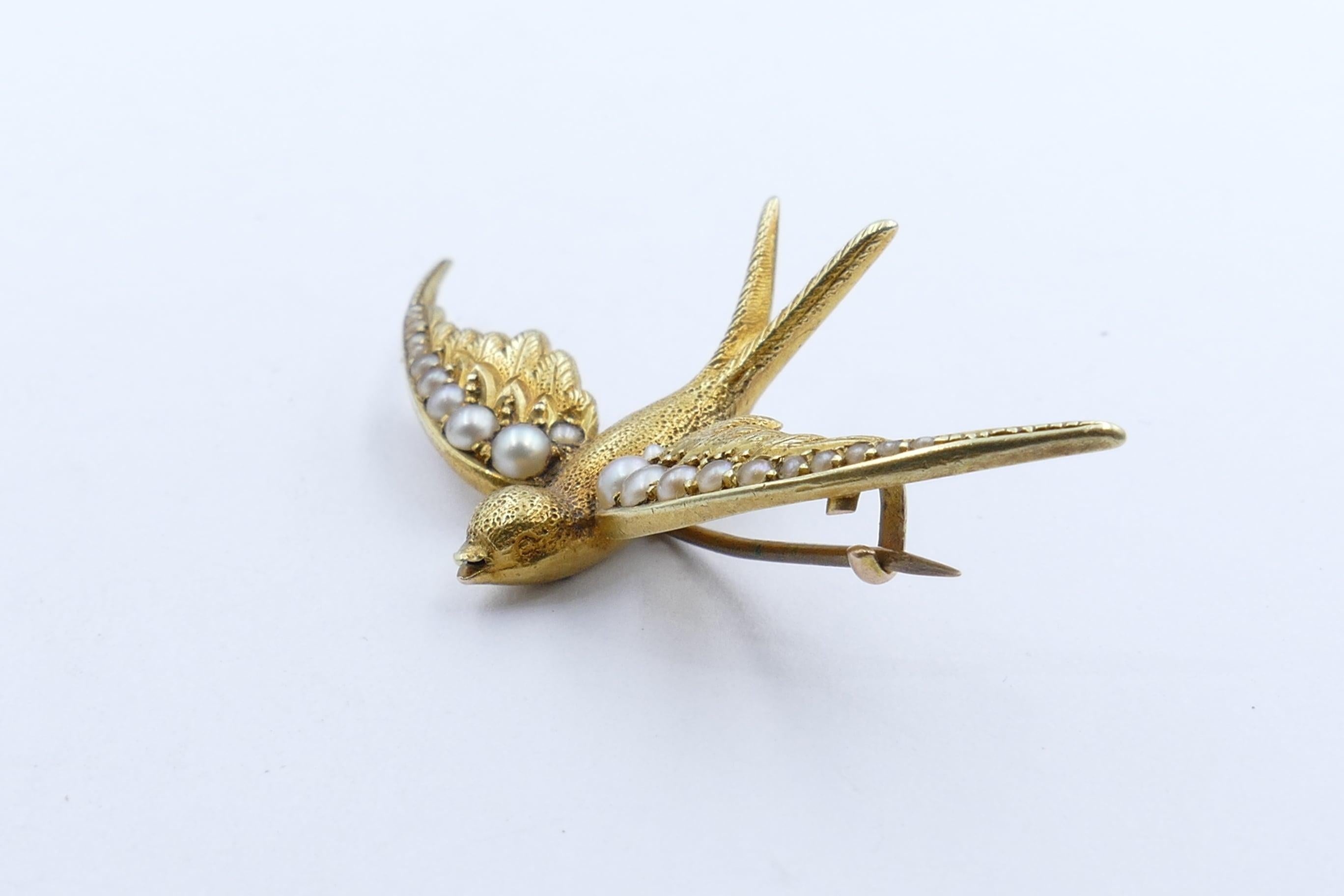 Brilliant Cut Antique 15 Carat Yellow Gold and Seed Pearl Australian Sparrow Brooch
