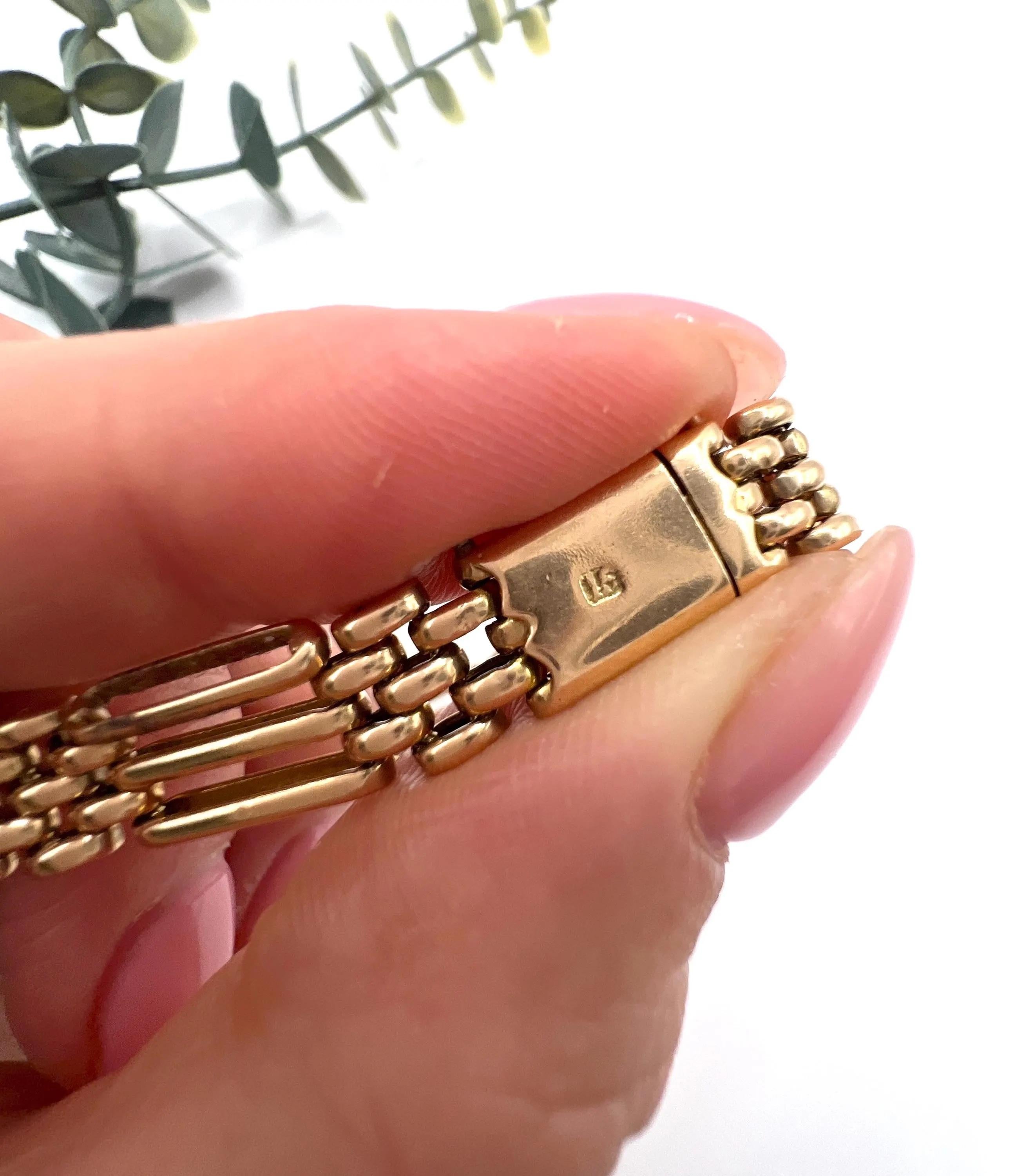 Antique 15ct Yellow Gold Stamped, Edwardian era Three Row Gate Bracelet Bon état - En vente à Brighton, GB