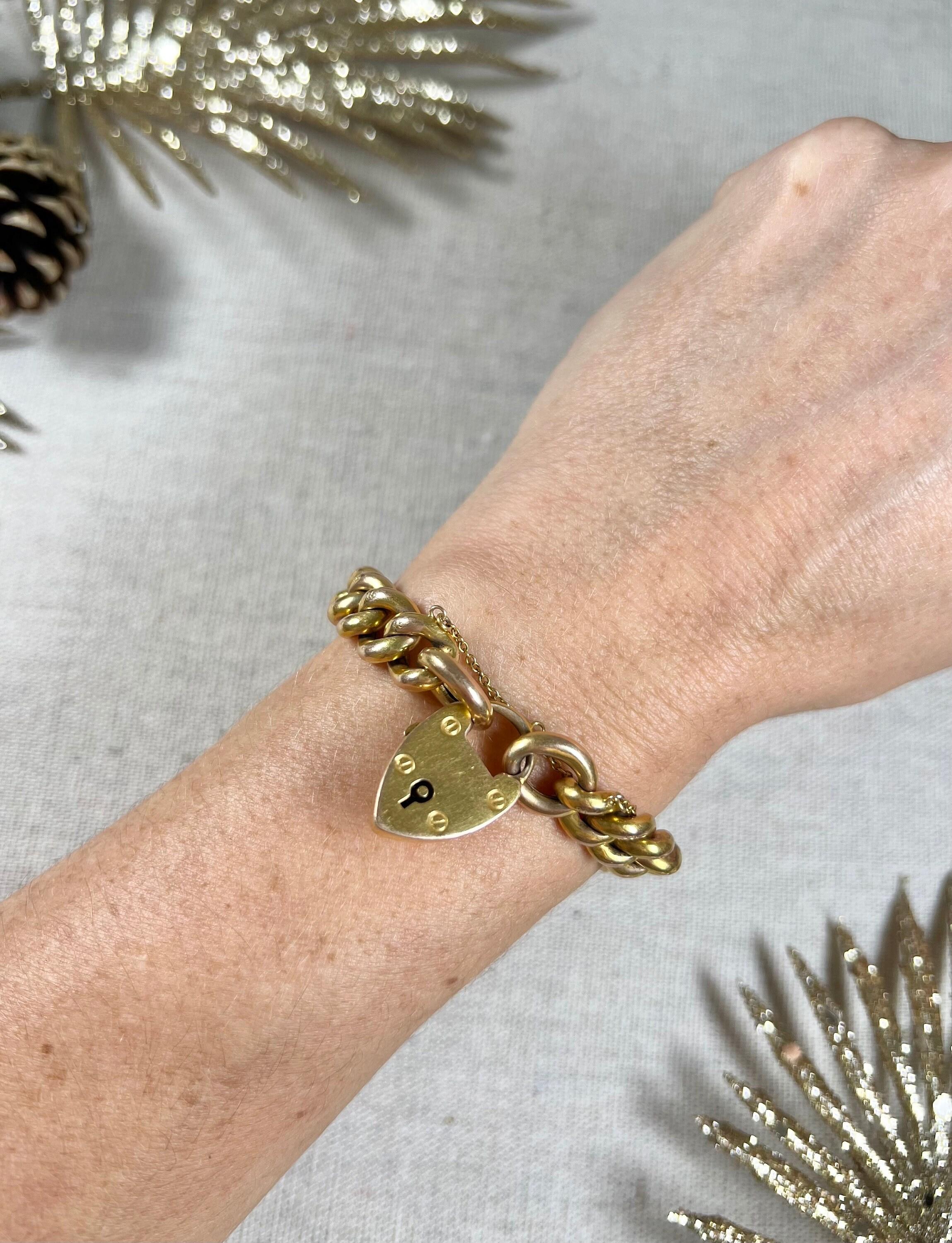 Antique 15ct Yellow Gold Stamped Victorian Curb Link Bracelet with Heart Padlock For Sale 7