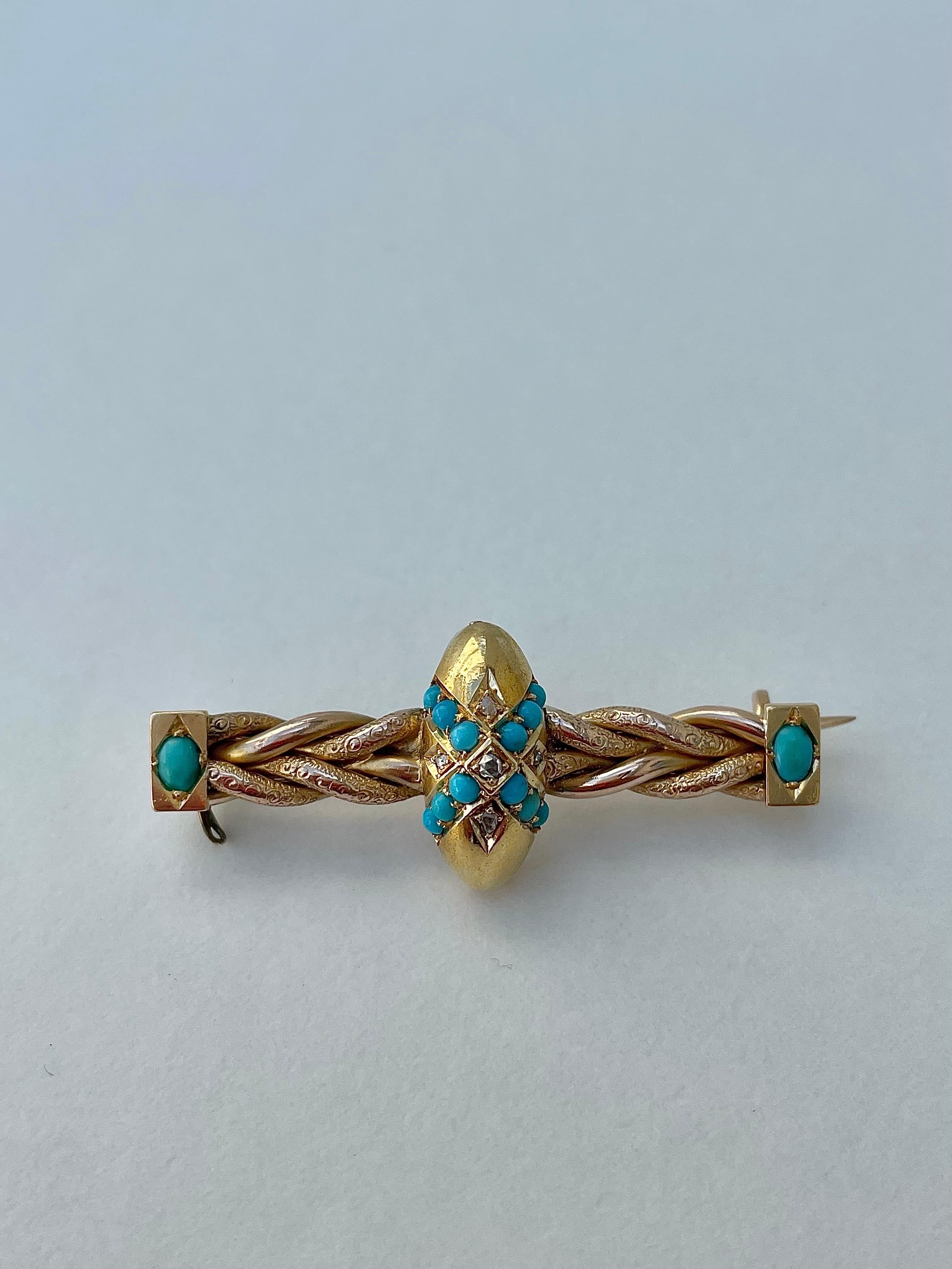 Victorian Antique 15ct Yellow Gold Turquoise and Rose Cut Diamond Bar Brooch For Sale