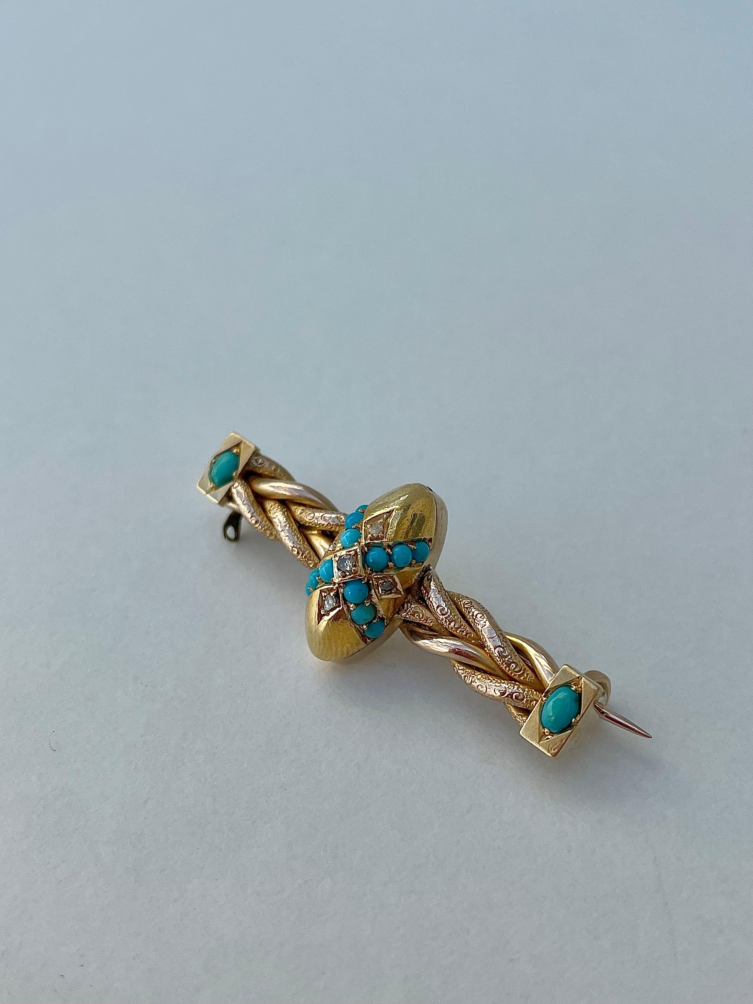 Antique 15ct Yellow Gold Turquoise and Rose Cut Diamond Bar Brooch In Good Condition For Sale In Chipping Campden, GB
