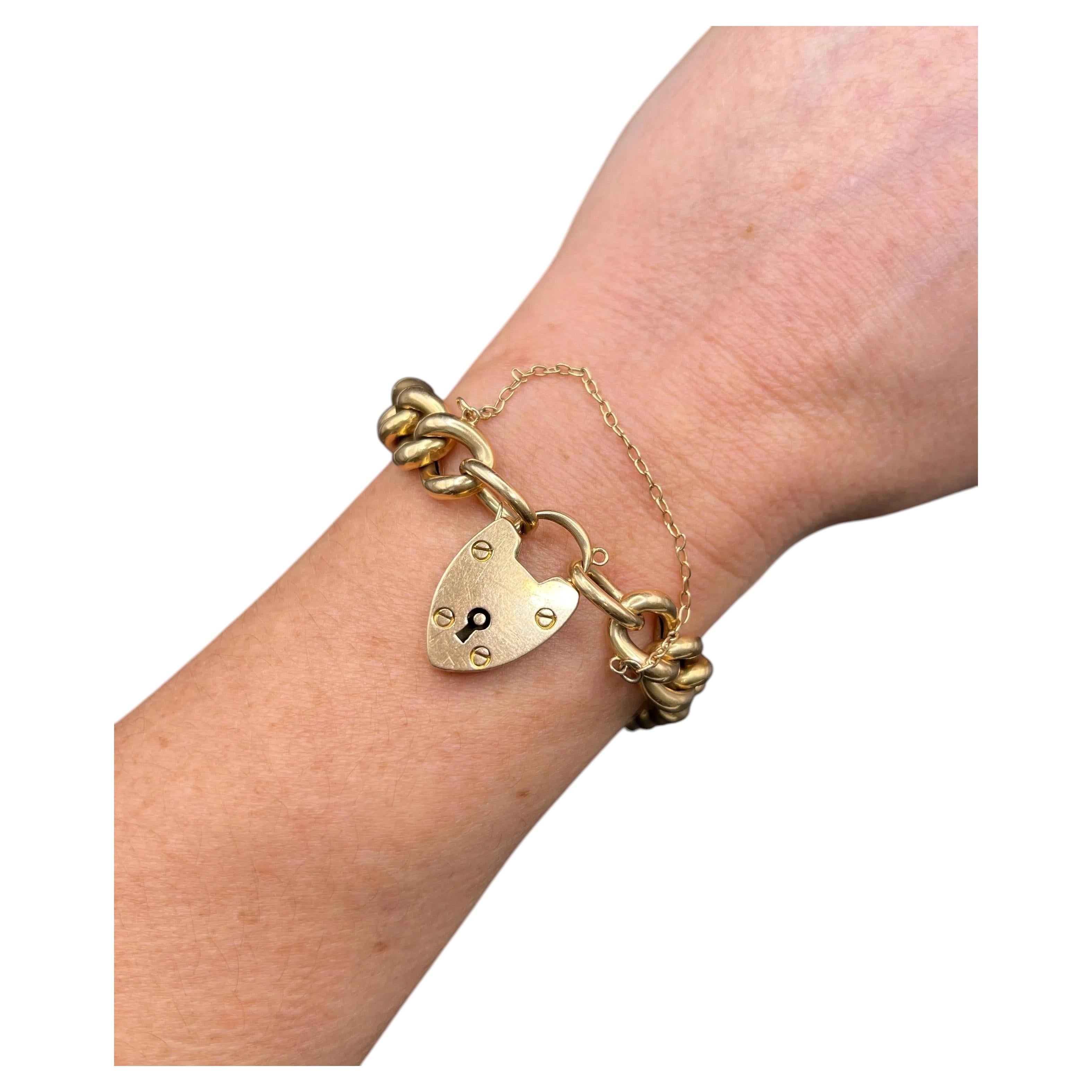 Bracciale vittoriano A Link in oro giallo 15ct con chiusura a lucchetto a cuore