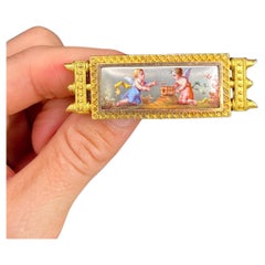 Antique 15ct Yellow Gold, Victorian era Rectangular Shaped Enamel Cherub Brooch