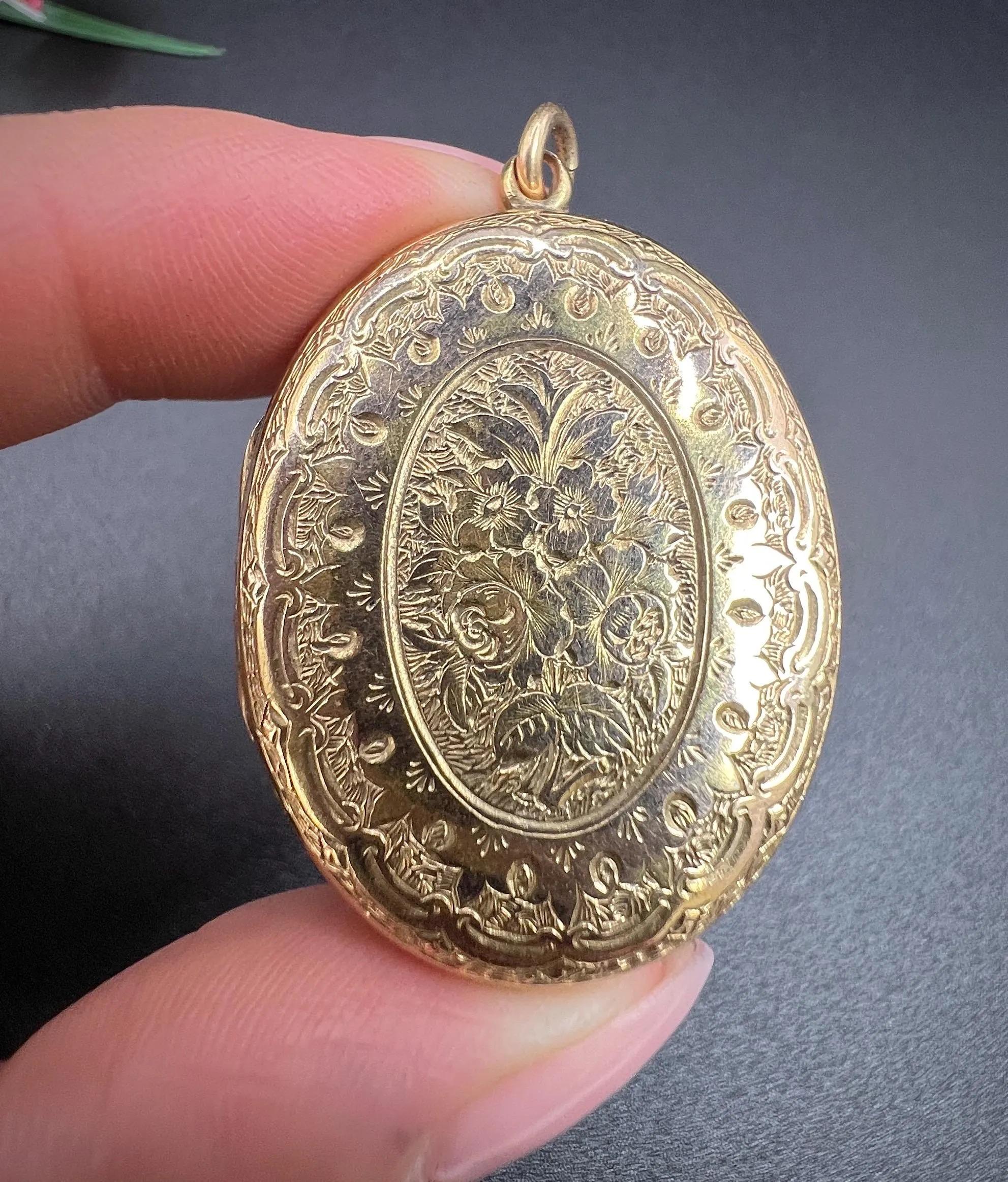 Antike 15ct Gelbgold, viktorianischen Blumen graviert Pfingstrose Oval geformt Medaillon im Angebot 6