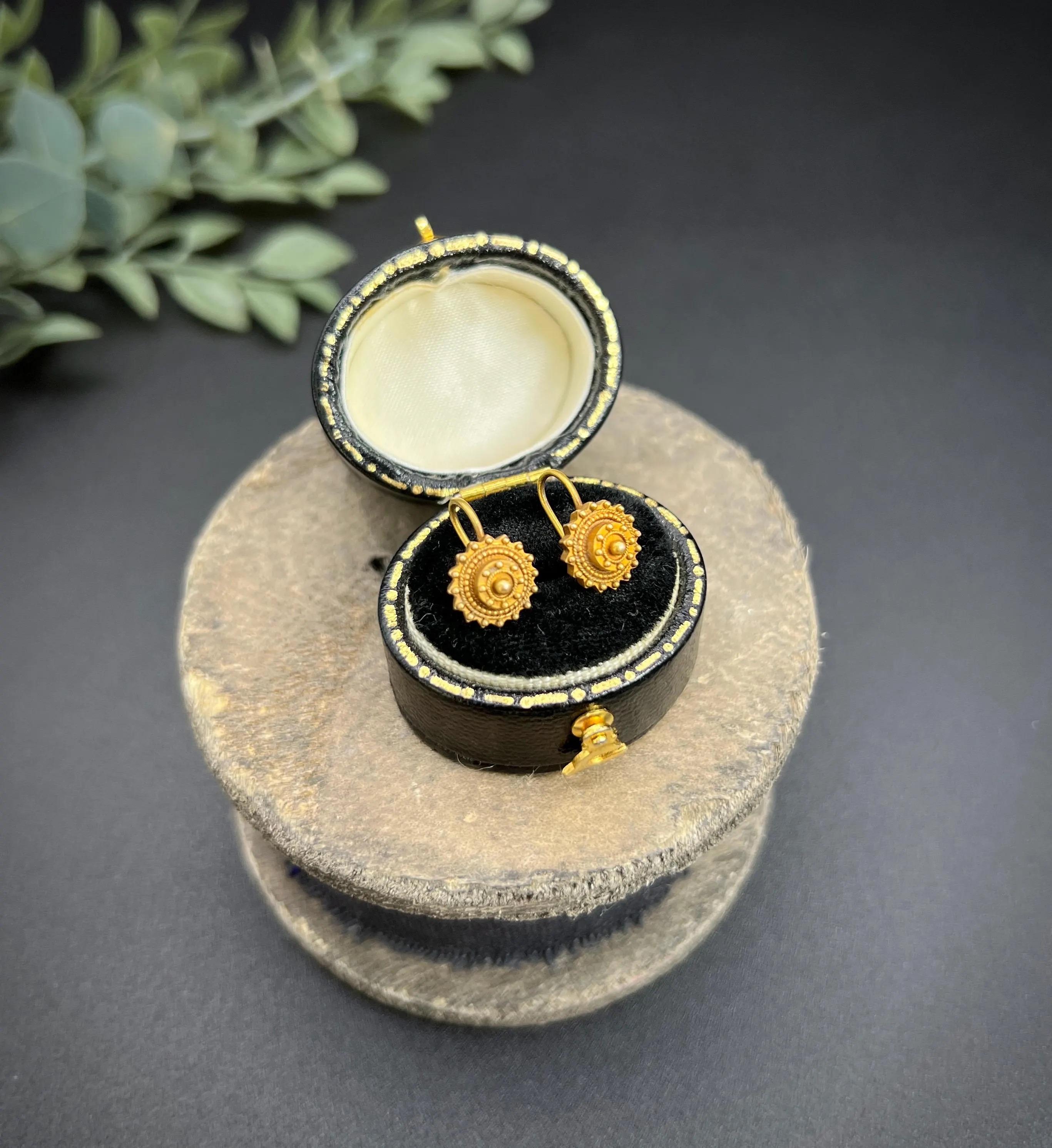 Antique 15ct Yellow Gold, Victorian Round Etruscan Gold Drop Earrings 6