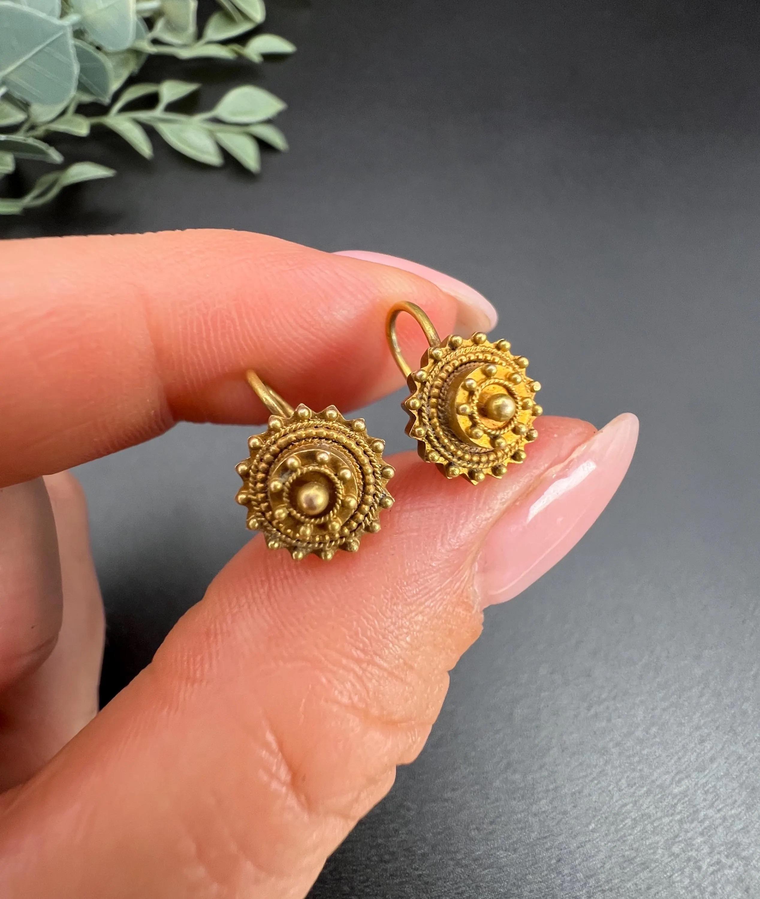Antique 15ct Yellow Gold, Victorian Round Etruscan Gold Drop Earrings 1