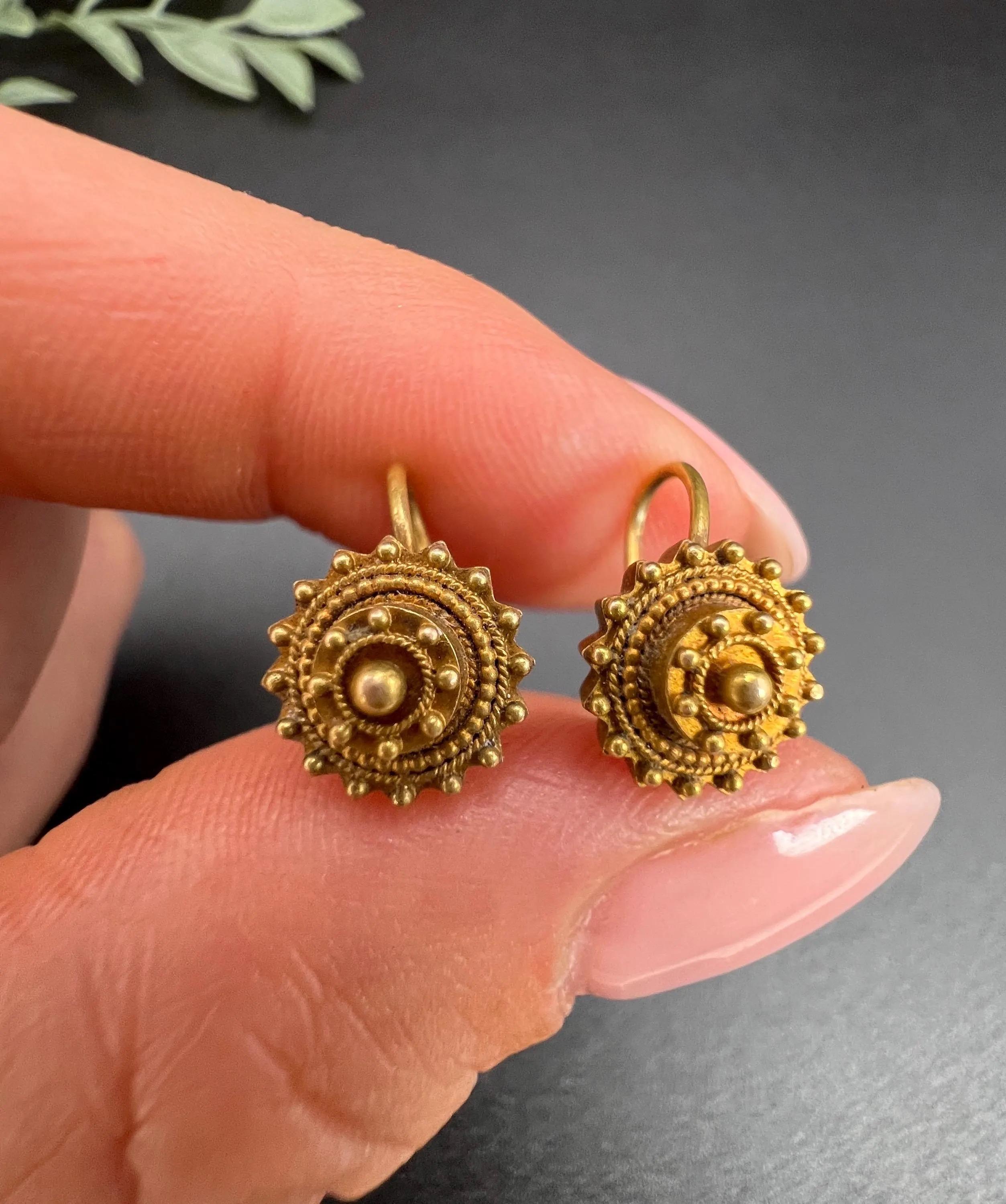 Antique 15ct Yellow Gold, Victorian Round Etruscan Gold Drop Earrings 5