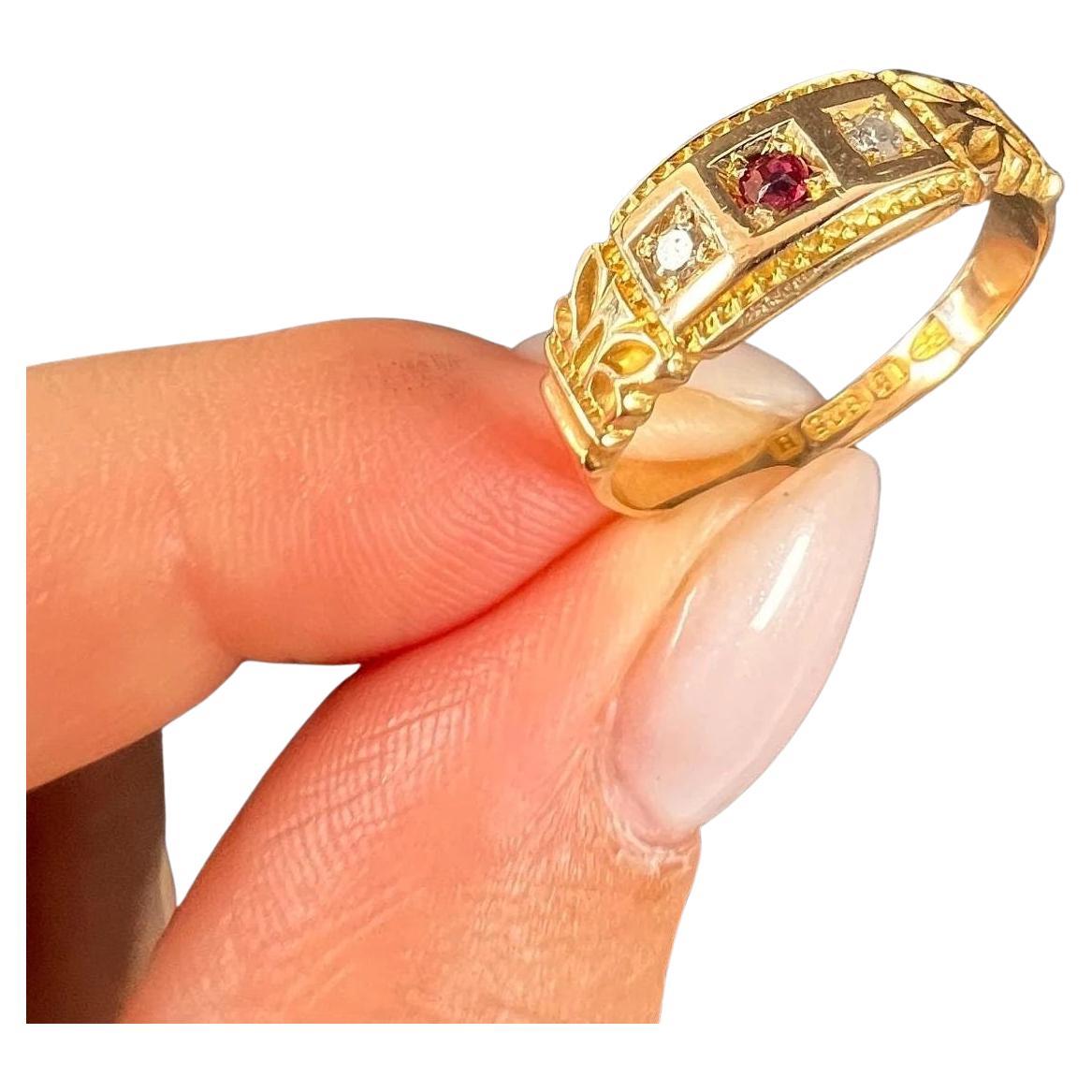 Antique 15ct Yellow Gold, Victorian Ruby & Diamond 3 Stone Ring