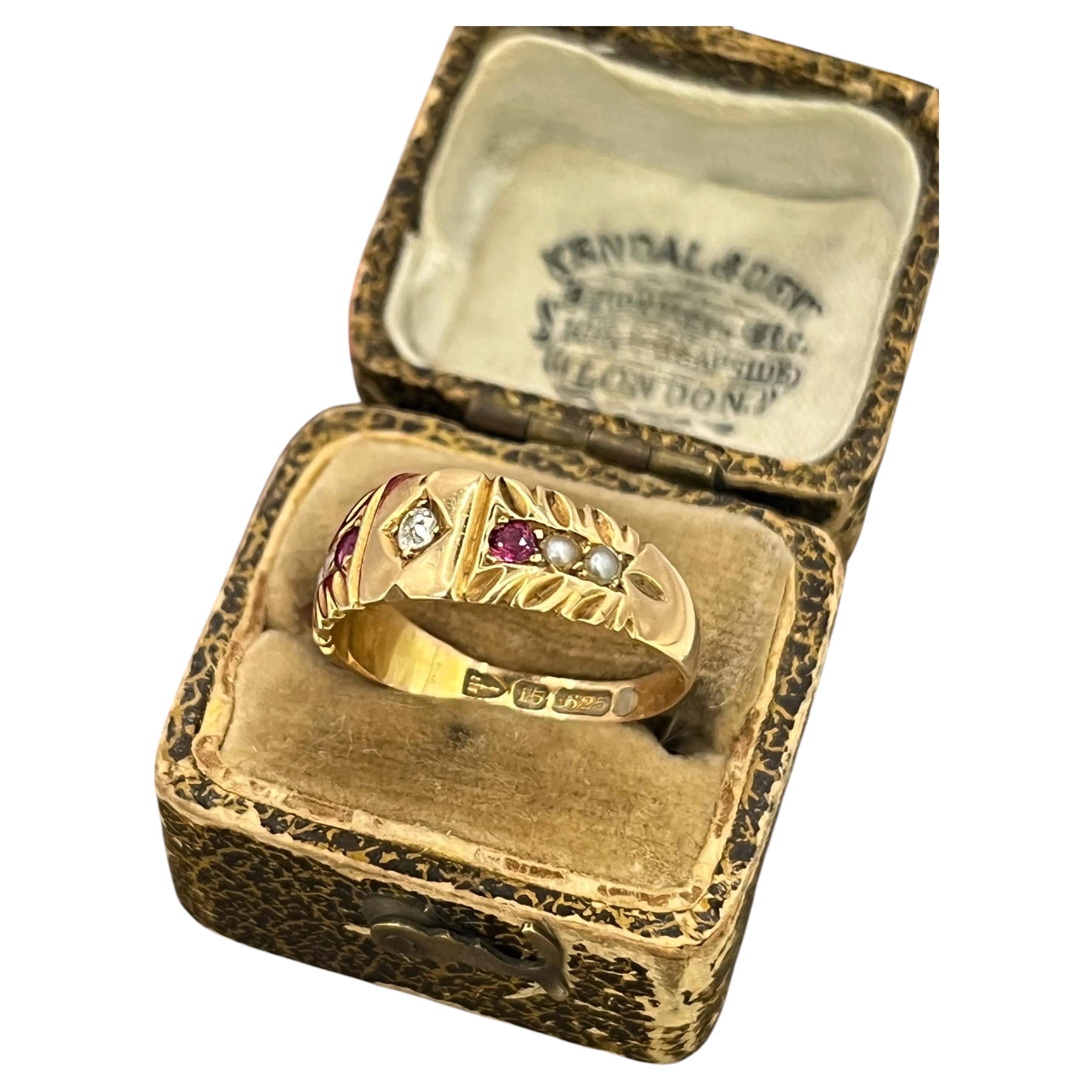 Antique 15ct Yellow Gold, Victorian Ruby, Pearl & Diamond Ring Hallmarked 1892