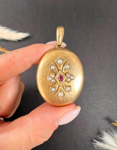 Antique 15ct Yellow Gold, Victorian Ruby & Seed Pearl Oval Locket