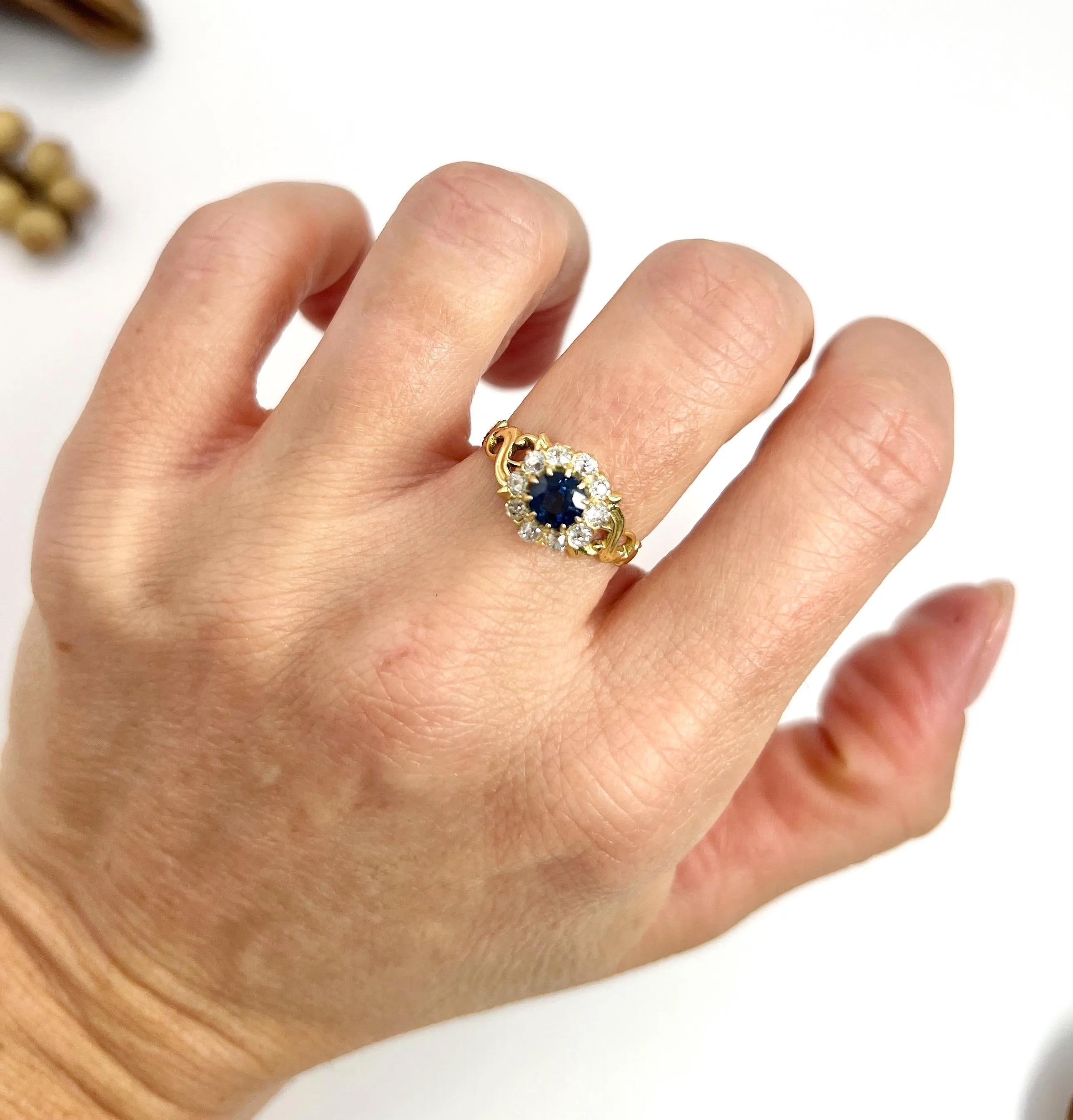 Antique Sapphire Cluster Ring 

15ct Gold Stamped 

Circa 1880

This stunning antique Victorian sapphire and diamond cluster ring is crafted from 15ct gold and features a beautiful, round centre sapphire surrounded by glittering natural diamonds.