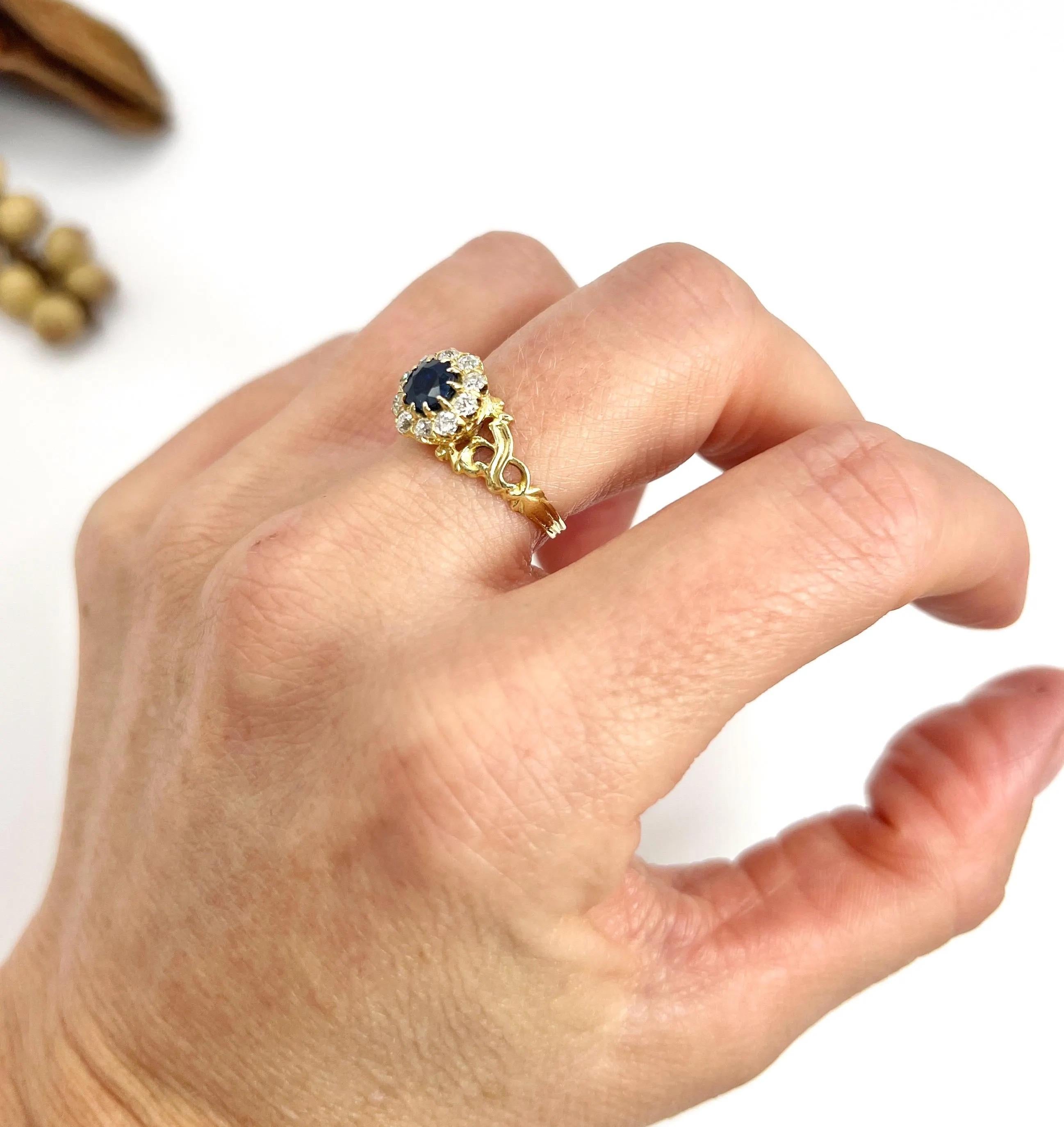Old European Cut Antique 15ct Yellow Gold, Victorian Sapphire & Diamond Daisy Cluster Ring For Sale