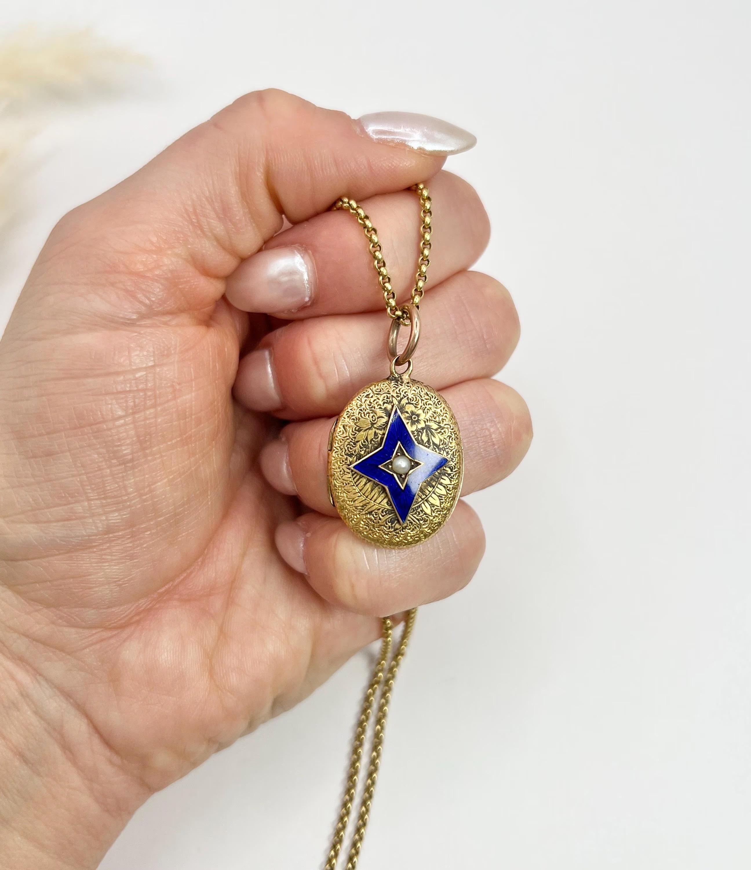 Round Cut Antique 15ct Yellow Gold, Victorian Seed Pearl & Blue Enamel Star Oval Locket For Sale