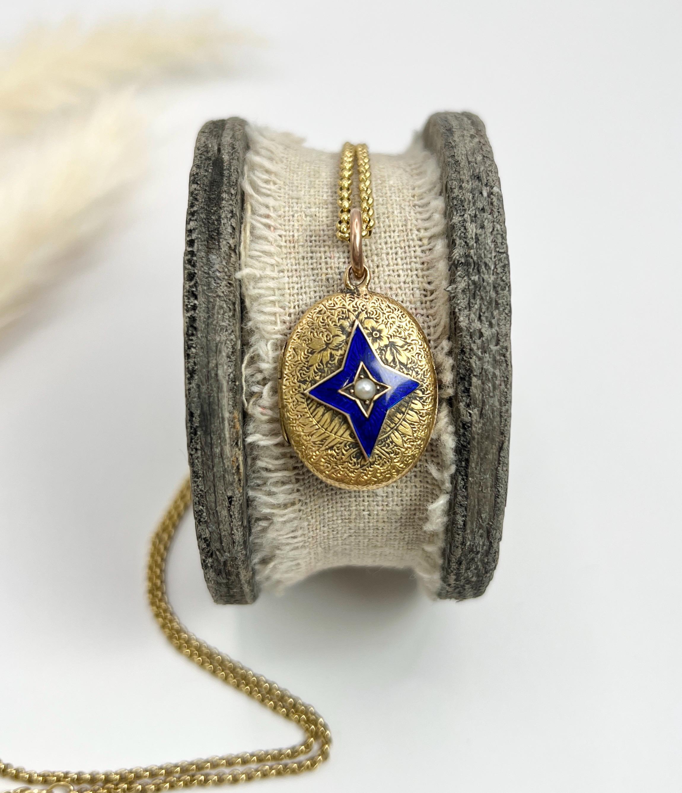 Women's or Men's Antique 15ct Yellow Gold, Victorian Seed Pearl & Blue Enamel Star Oval Locket For Sale