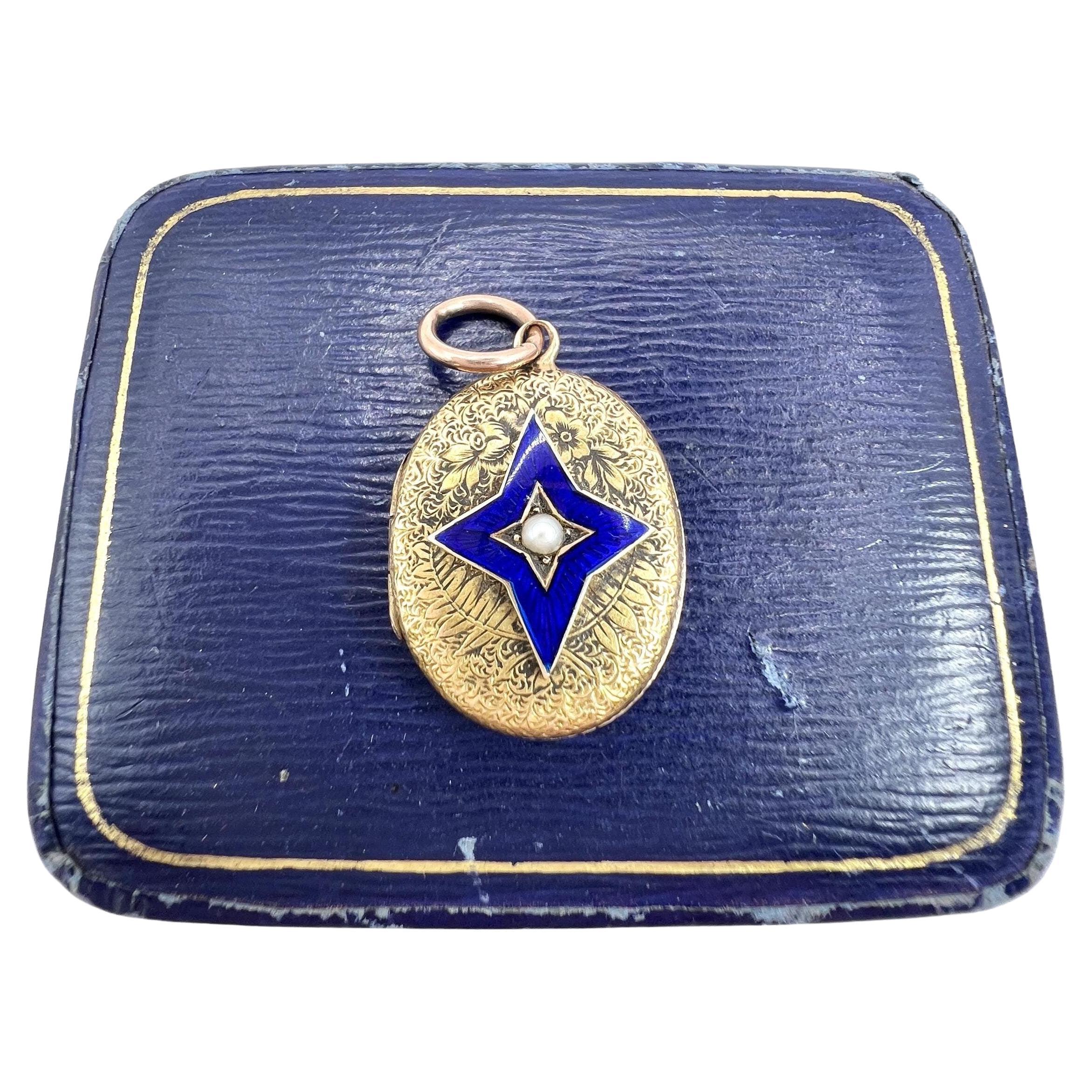 Antique 15ct Yellow Gold, Victorian Seed Pearl & Blue Enamel Star Oval Locket