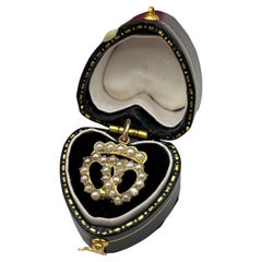 Antique 15ct Yellow Gold, Victorian Seed Pearl Double Heart Pendant