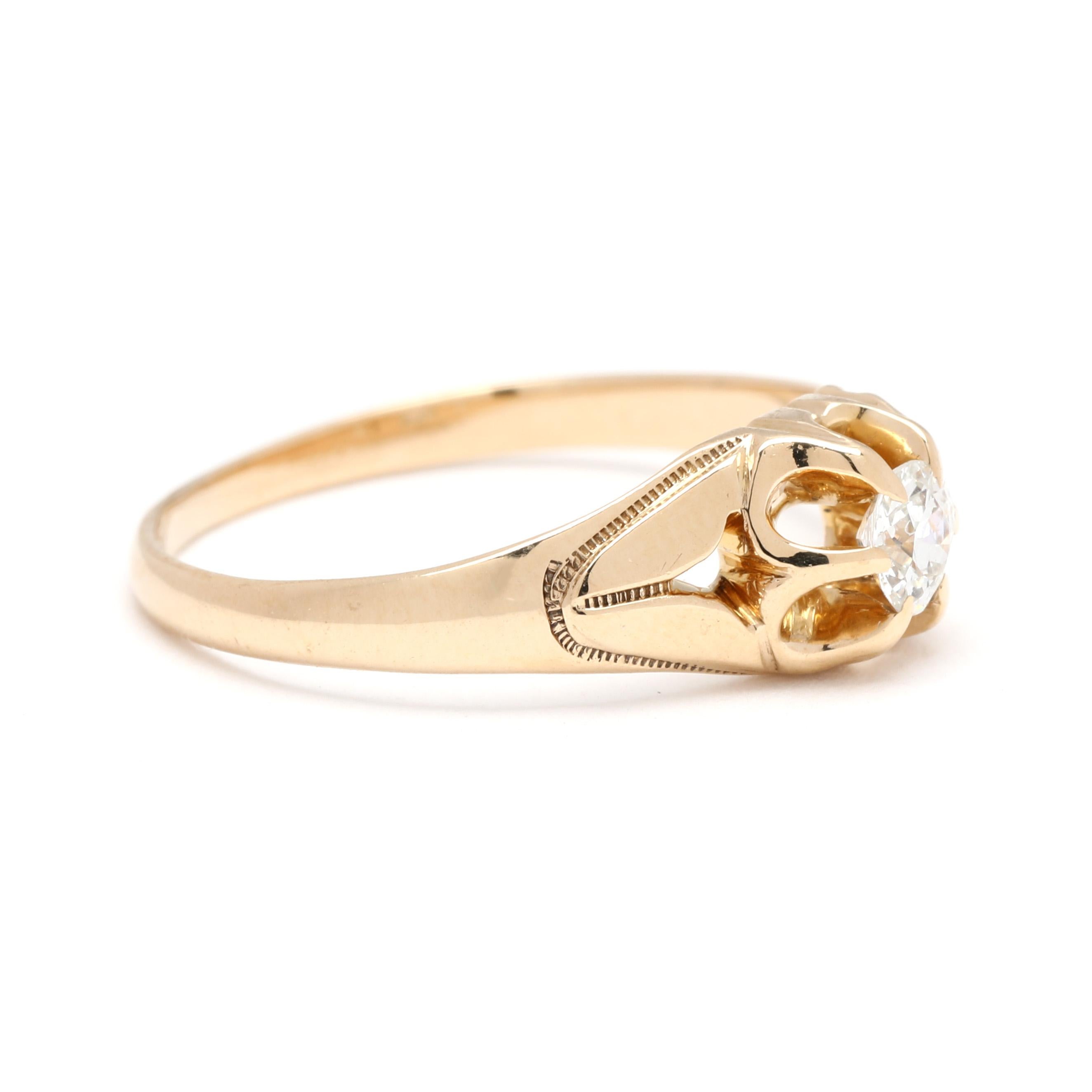 Pierres :
diamant, 1 pierre
ancienne coupe européenne
3.5 mm
environ .15 carat
Couleur G-H, clarté SI2
puce minute

Taille de l'anneau 5.75

Hauteur du doigt : 4.1 mm

Longueur : 5,7 mm

Poids : 1,2 dwts. / 1,8 grammes

Tampons : 