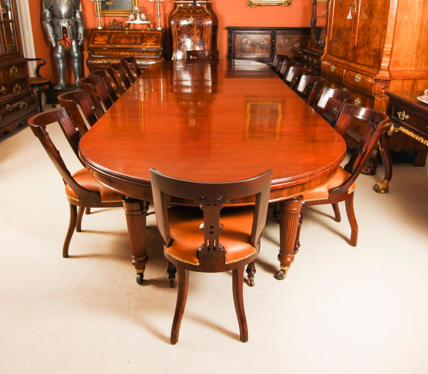 This is a beautiful dining set comprising an antique late Victorian extending dining table by the renowned Victorian cabinet makers, Edwards and Roberts, circa 1880 in date, and a set of sixteen antique Scottish Athenian dining chairs.

This amazing