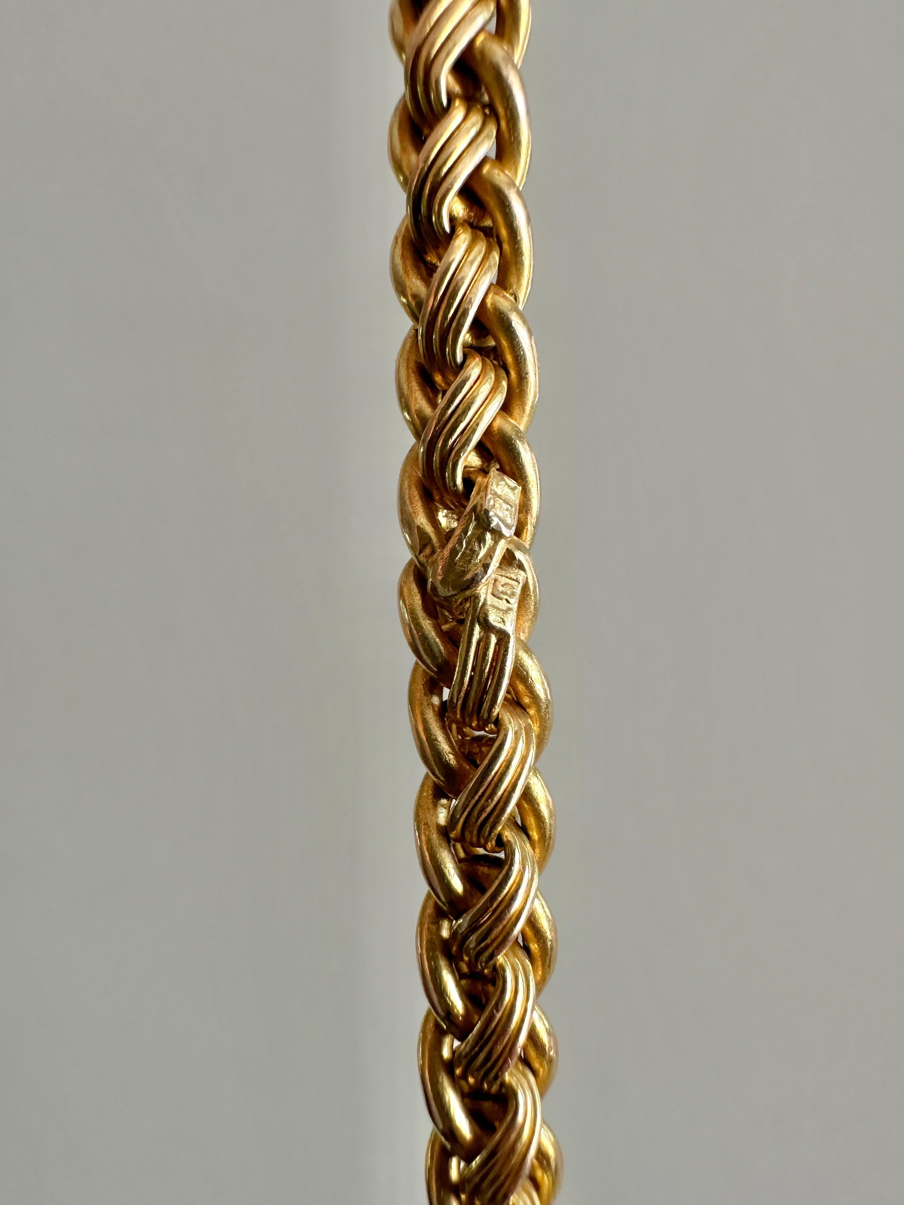 Late Victorian Antique 15K Braided Wheat Watch Chain with Large Spring Ring Clasp For Sale