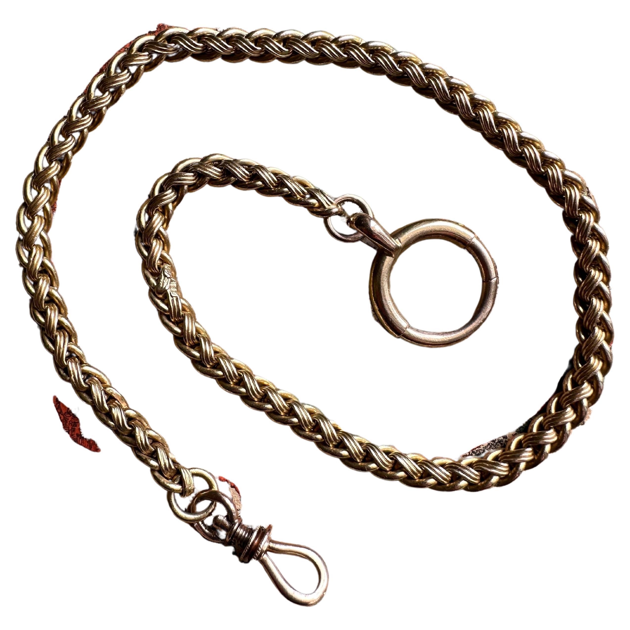 Antique 15K Braided Wheat Watch Chain with Large Spring Ring Clasp For Sale