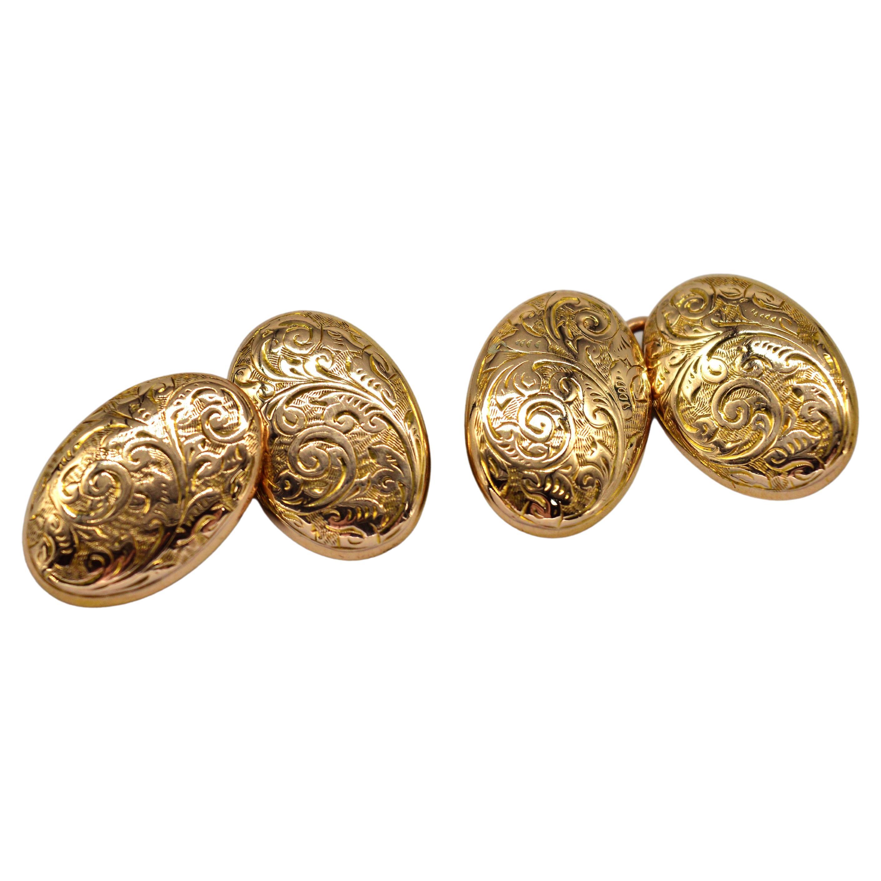 Antique 15k Gold 1898 Victorian Hand Engraved Statement Present Cufflinks For Sale