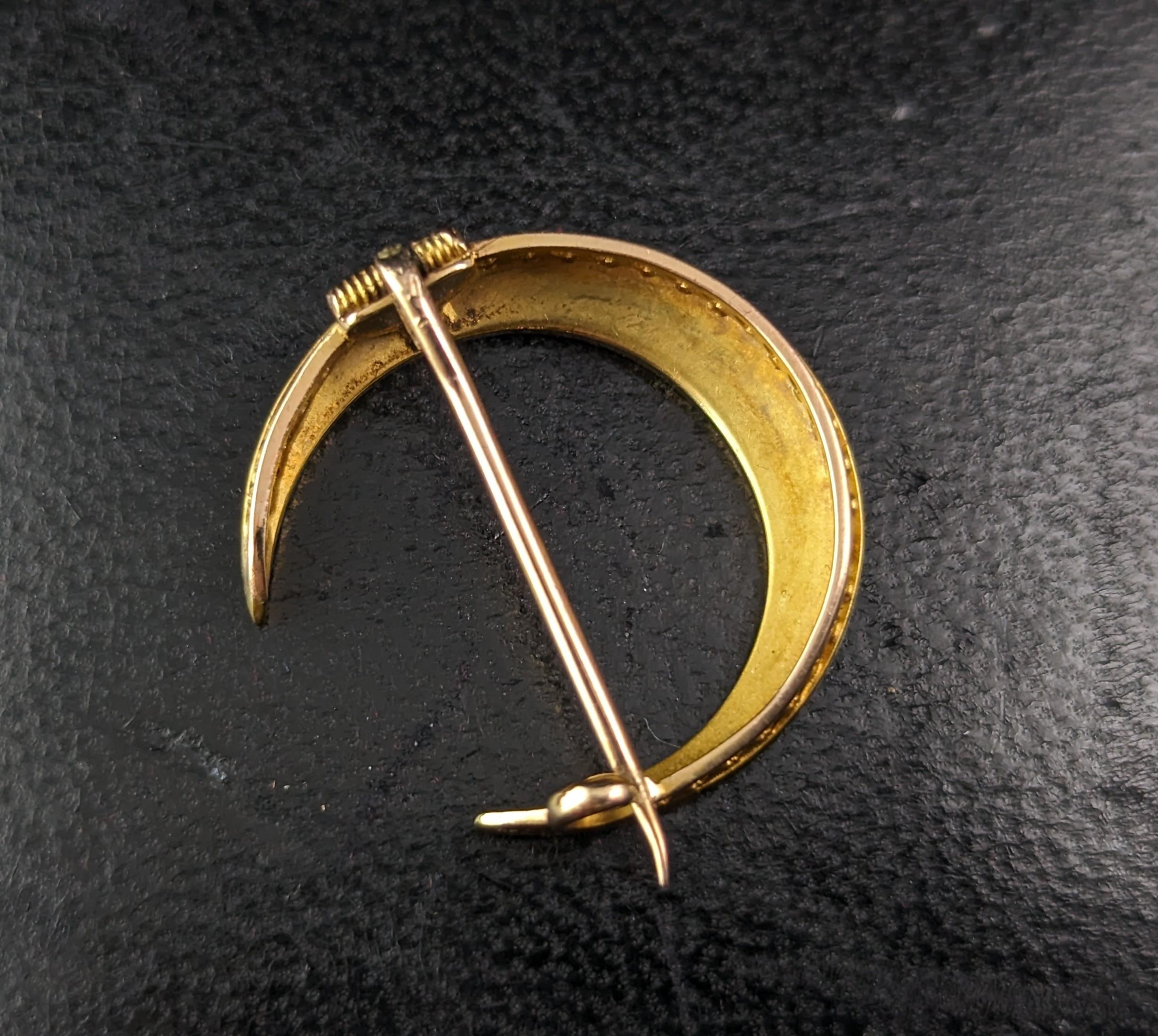 Cabochon Antique 15k gold and Pearl Crescent moon brooch, Victorian  For Sale