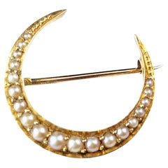 Antique 15k gold and Pearl Crescent moon brooch, Victorian 