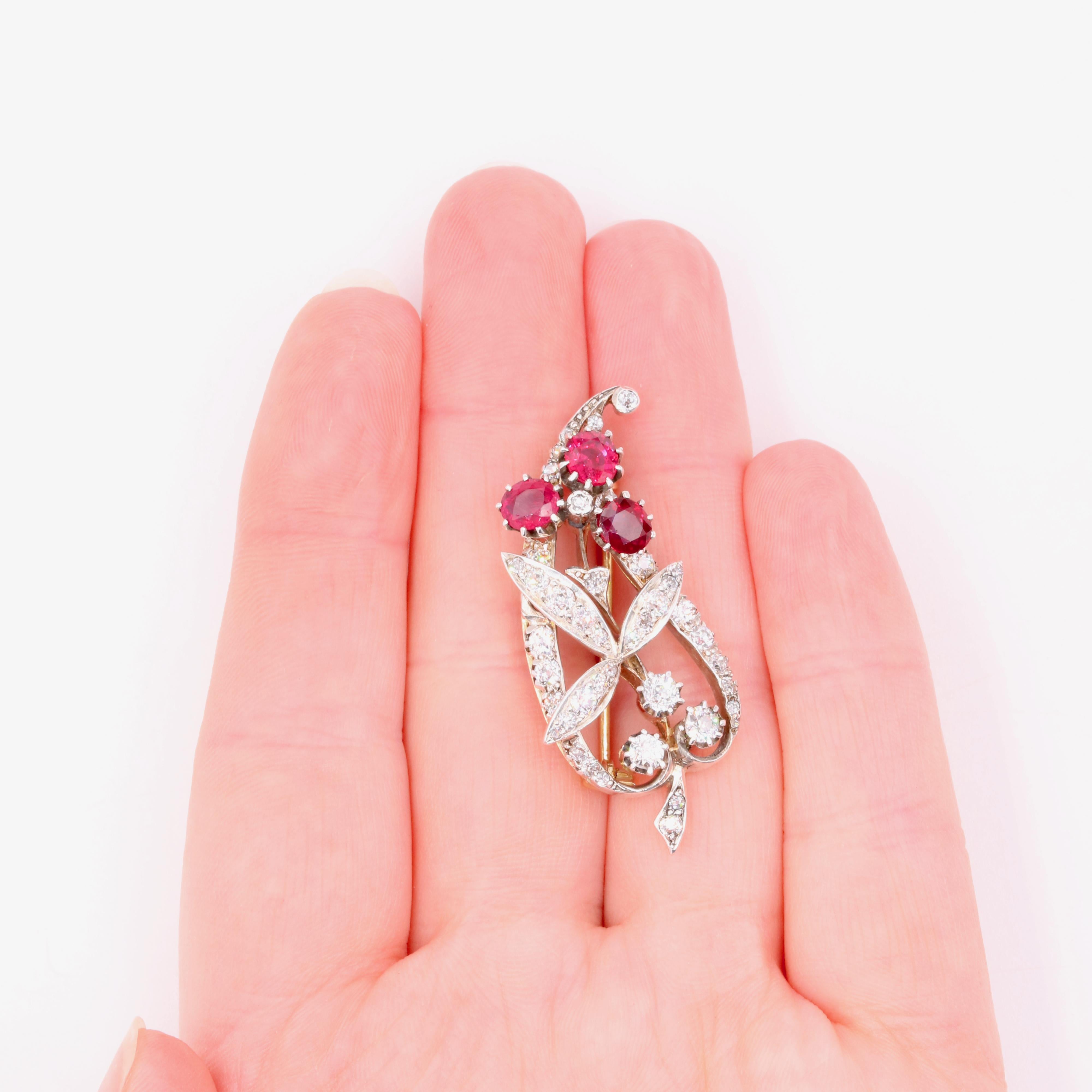 Antique 15K Gold and Silver 2.56ctw Ruby and Diamond Leaf Brooch & Hairpin 5