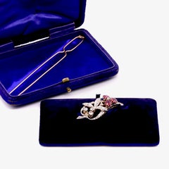 Antique 15K Gold and Silver 2.56ctw Ruby and Diamond Leaf Brooch & Hairpin