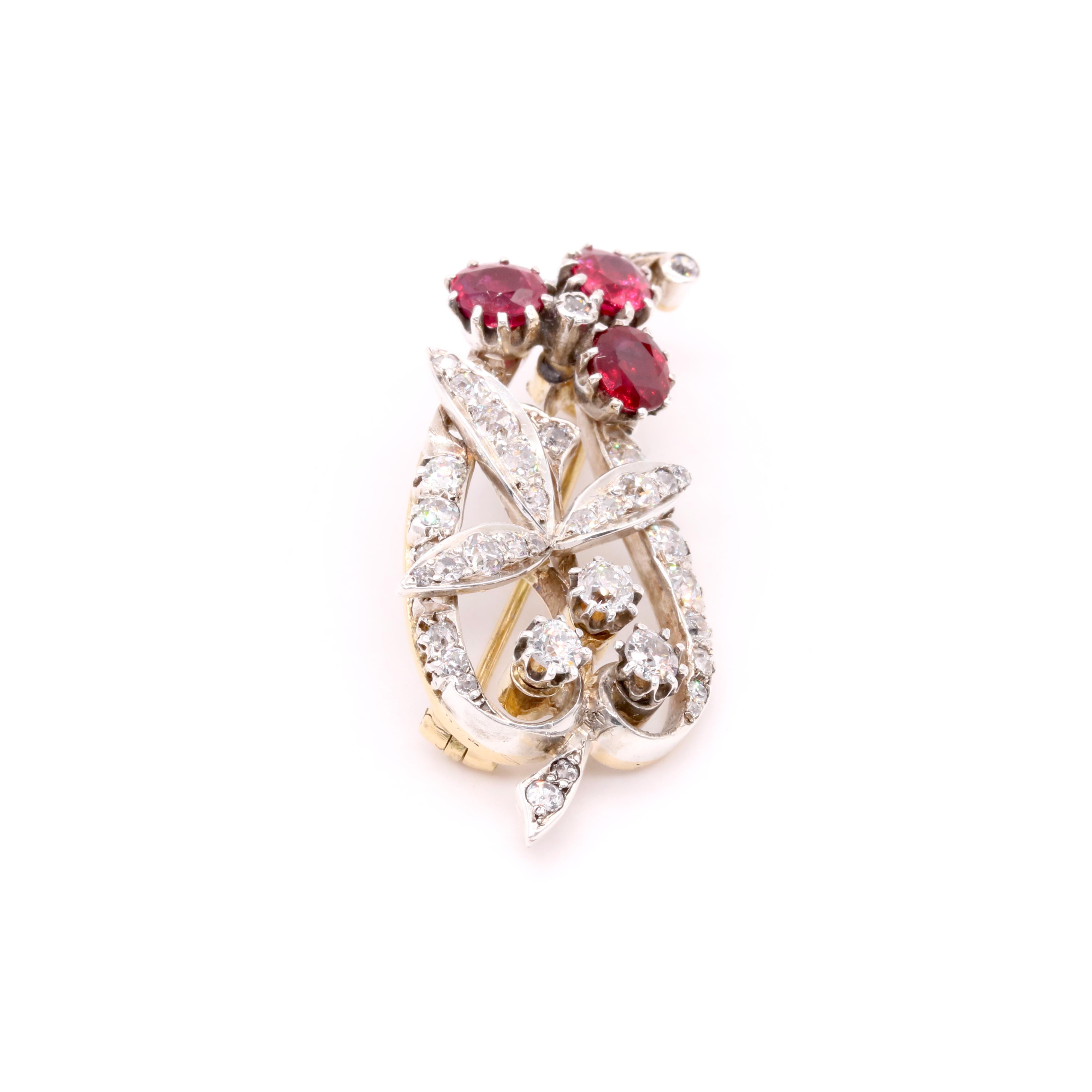 Victorian Antique 15K Gold and Silver 2.56ctw Ruby and Diamond Leaf Brooch & Hairpin