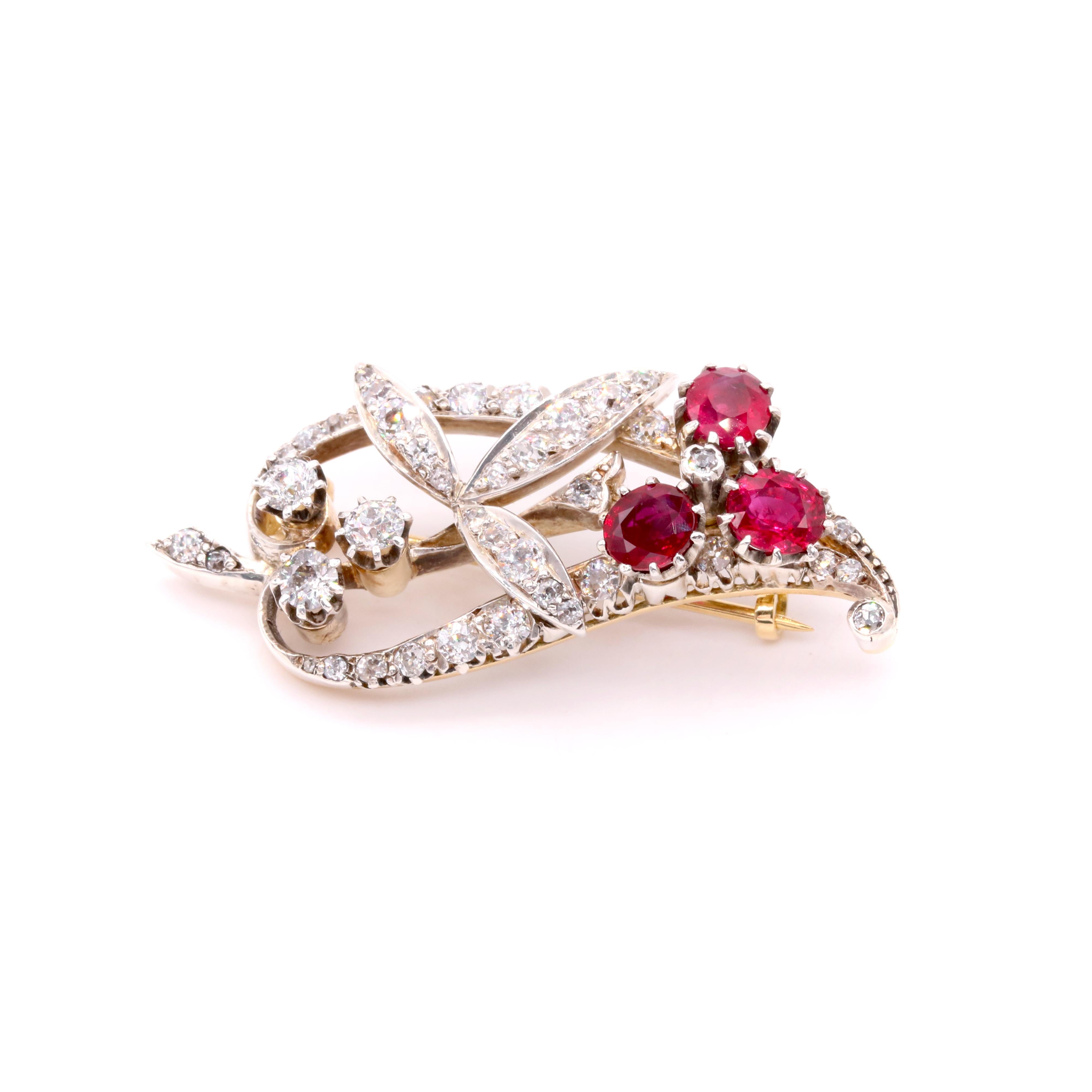 Women's or Men's Antique 15K Gold and Silver 2.56ctw Ruby and Diamond Leaf Brooch & Hairpin
