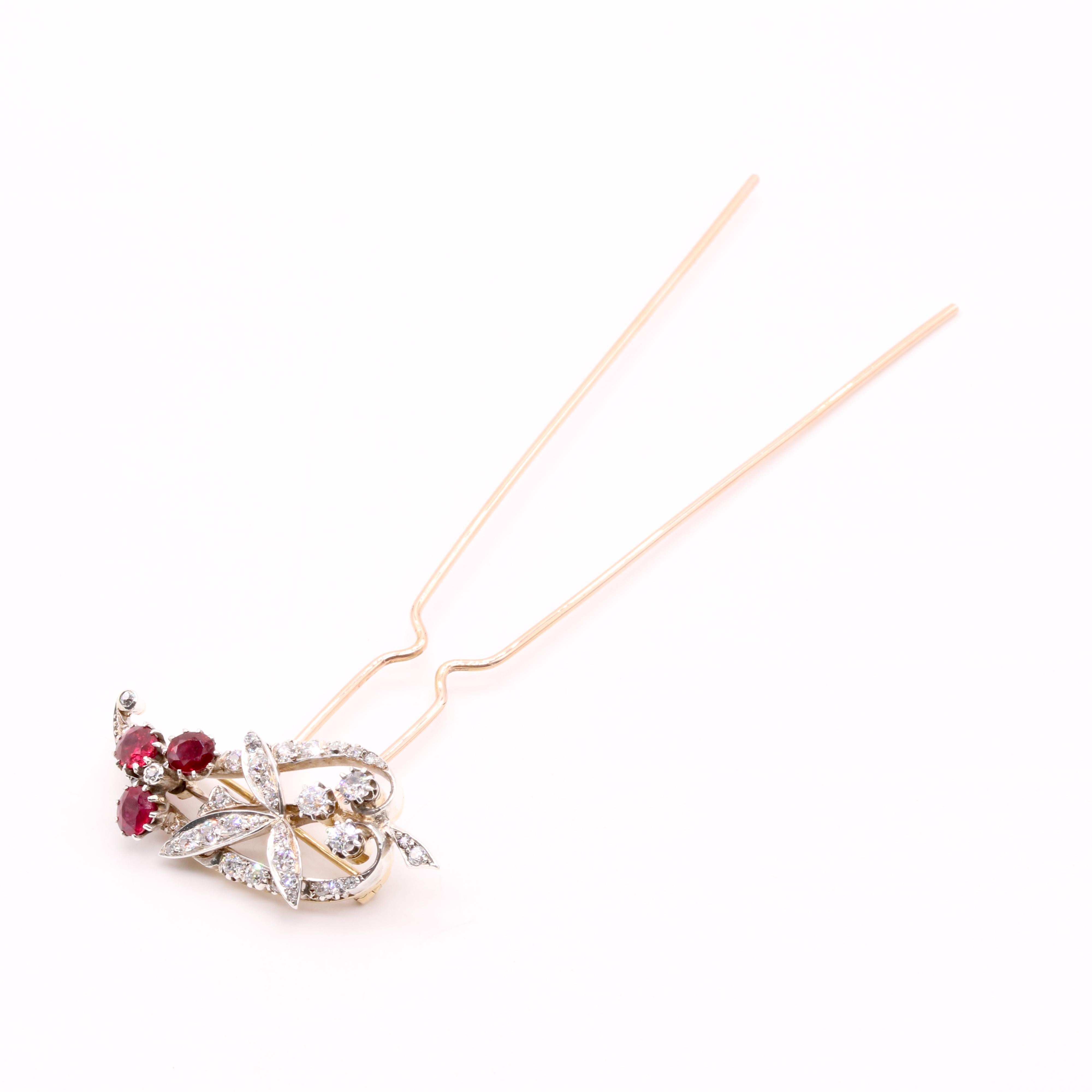 Antique 15K Gold and Silver 2.56ctw Ruby and Diamond Leaf Brooch & Hairpin 3