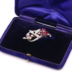 Antique 15K Gold and Silver 2.56ctw Ruby and Diamond Leaf Brooch & Hairpin