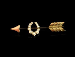 Antique 15k Gold Arrow and Horseshoe Brooch, Pearl, Victorian
