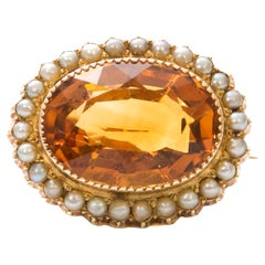 Antique 15K Gold Champagne Citrine and Pearls Brooch