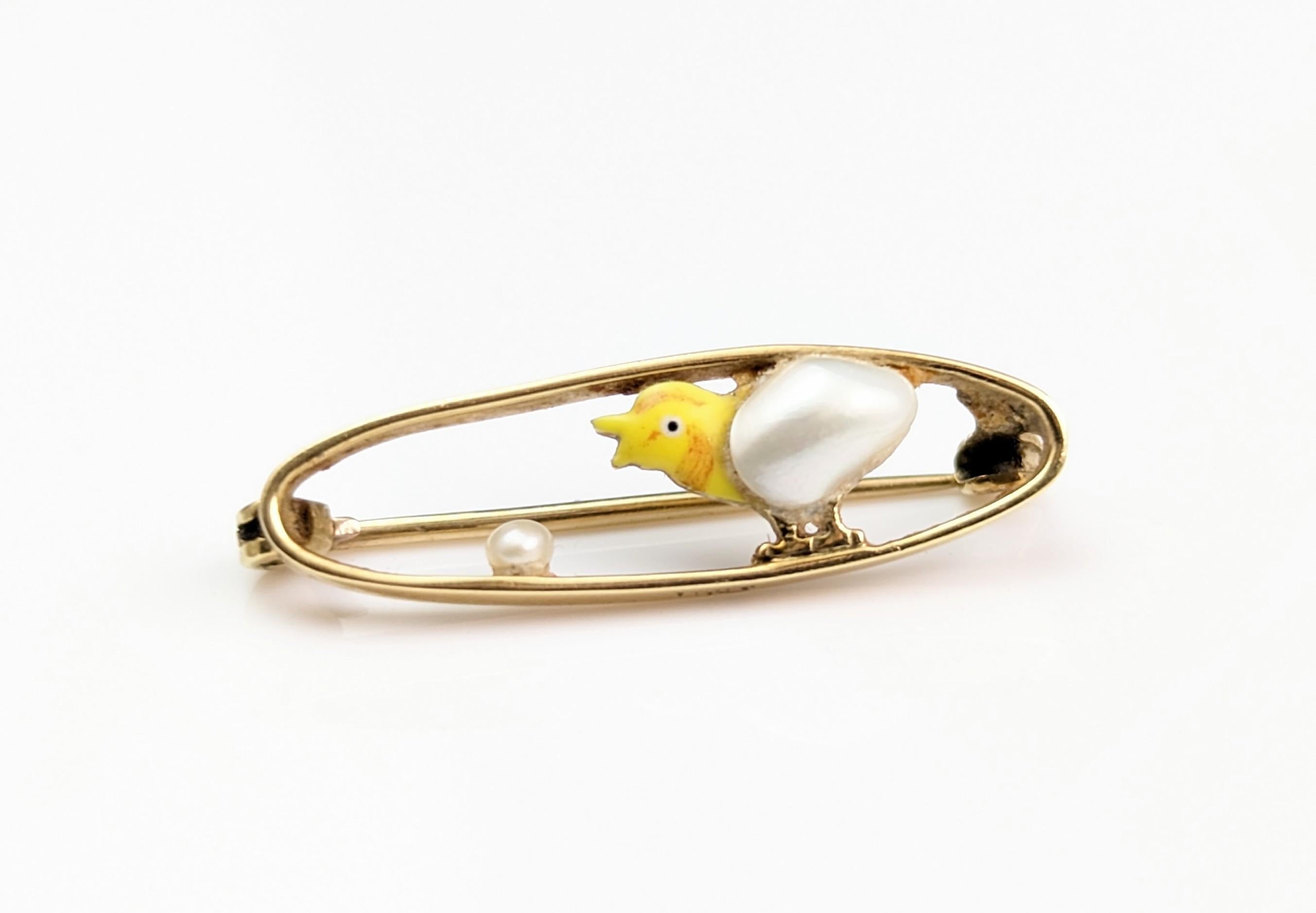 Antique 15k gold Chick brooch, baroque pearl, enameled  3