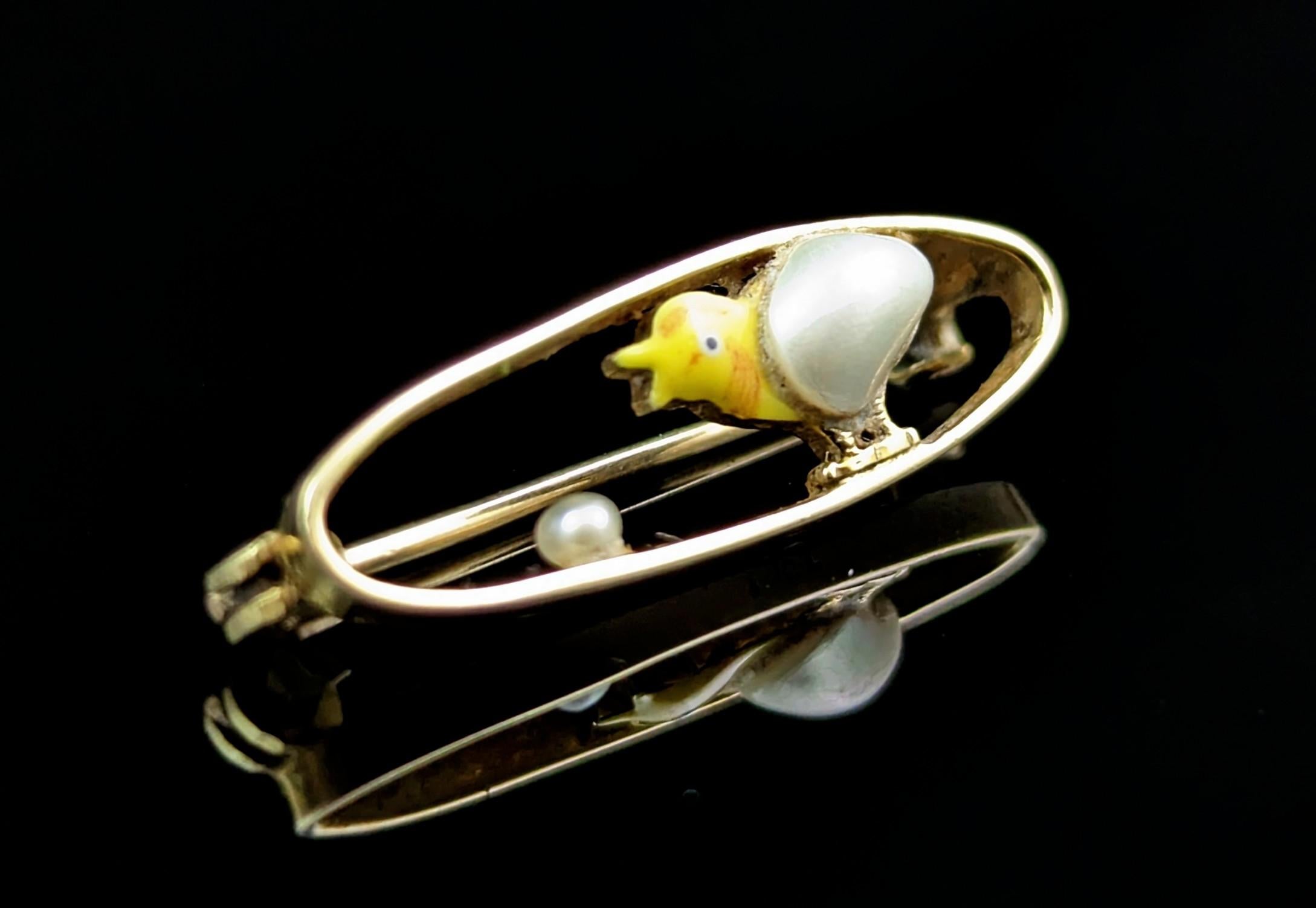Cabochon Antique 15k gold Chick brooch, baroque pearl, enameled 