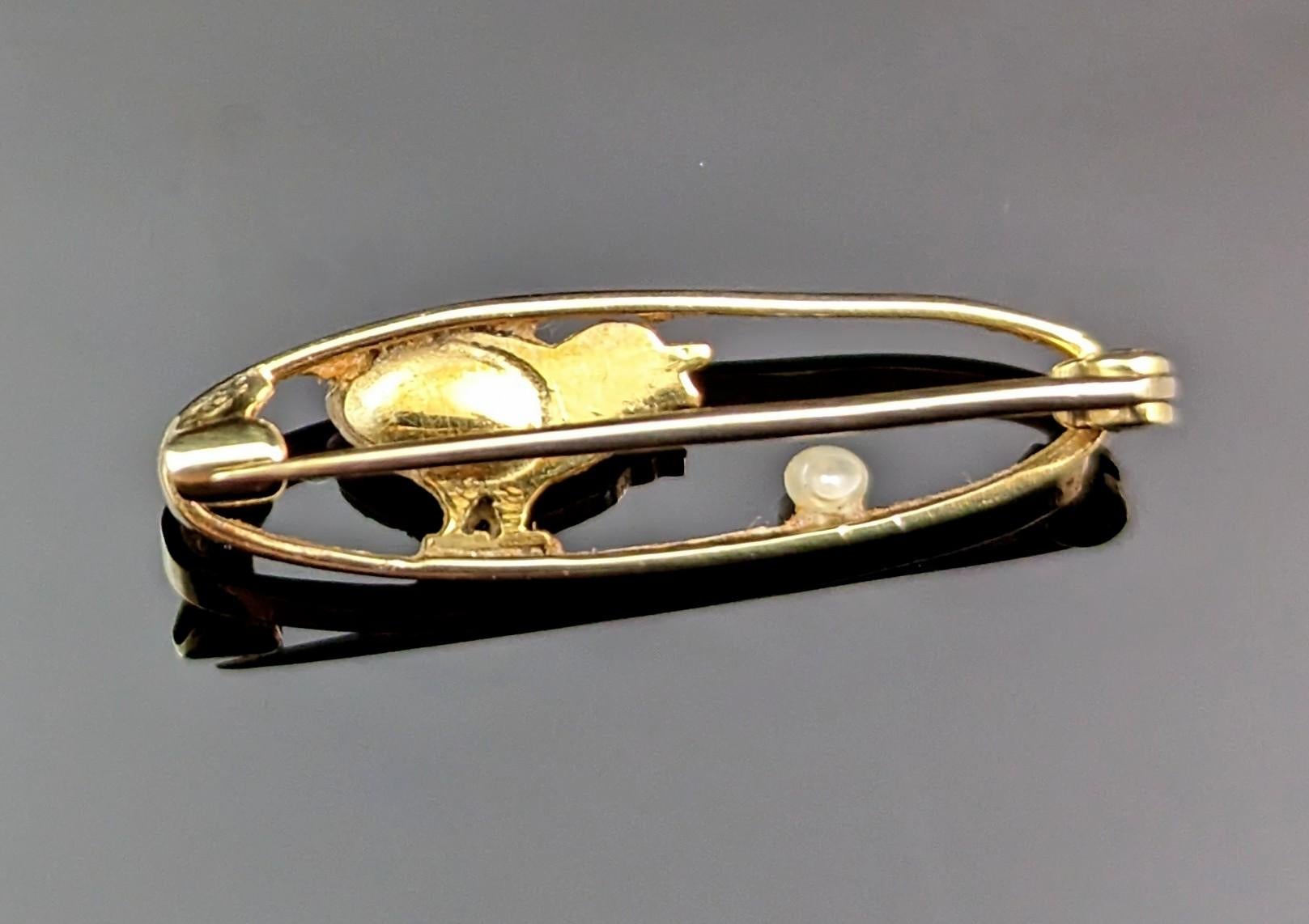 Women's or Men's Antique 15k gold Chick brooch, baroque pearl, enameled 