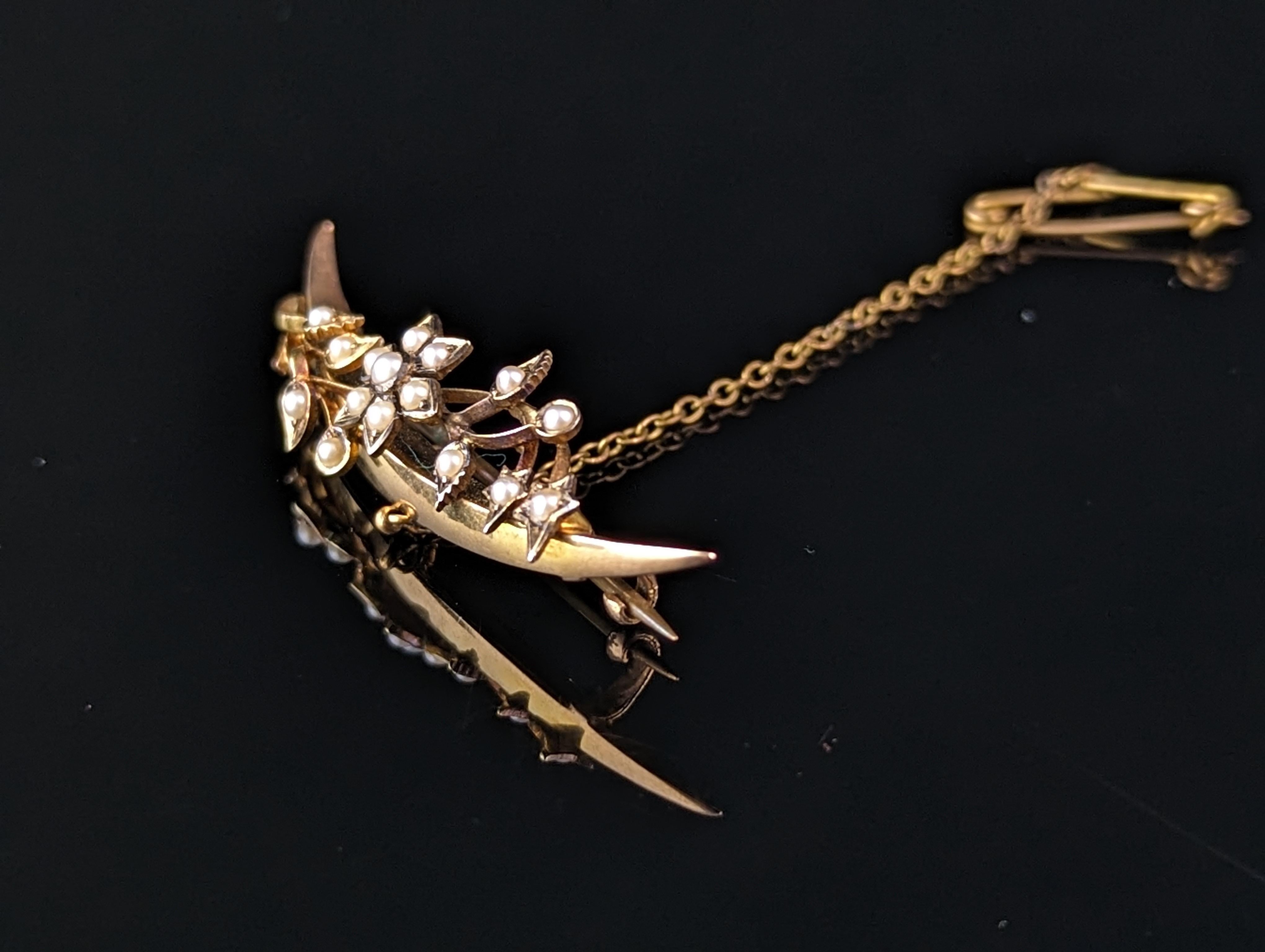 Women's or Men's Antique 15k gold Crescent moon and flower brooch, Pearl, Victorian For Sale