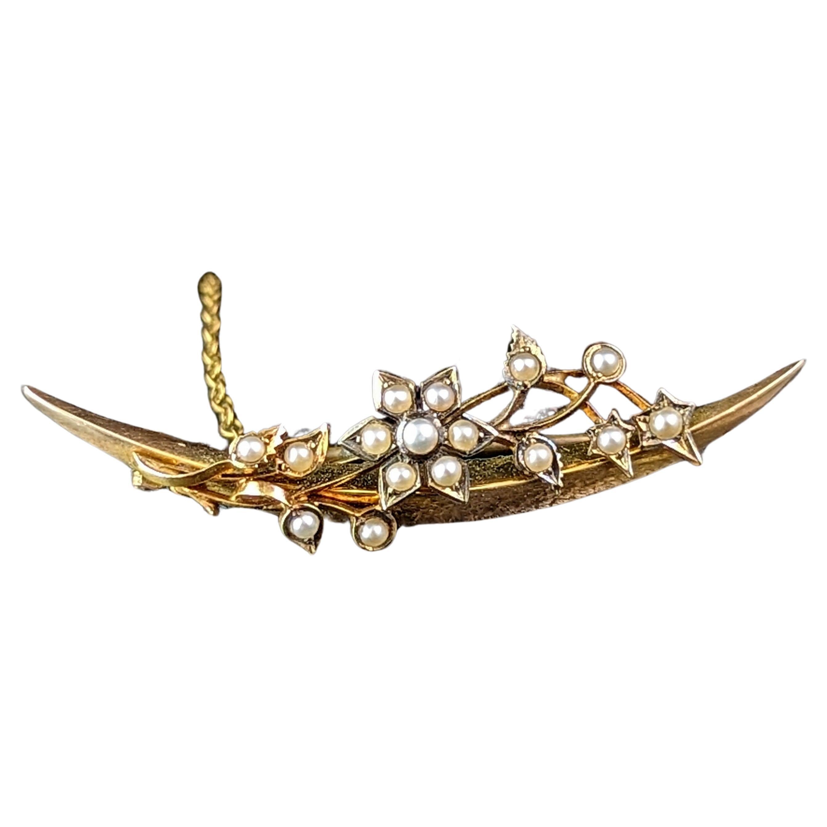 Antique 15k gold Crescent moon and flower brooch, Pearl, Victorian 