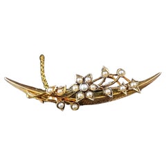 Vintage 15k gold Crescent moon and flower brooch, Pearl, Victorian 
