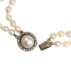 Antique 15k Gold Cultured Pearl Necklace with Diamond Cluster Clasp, Circa 1915