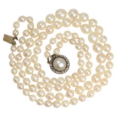 Antique 15k Gold Cultured Pearl Necklace with Diamond Cluster Clasp, Circa 1915