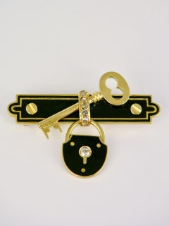 Antique 15 Karat Gold Diamond and Black Enamel Lock and Key Brooch Pin, 1880s