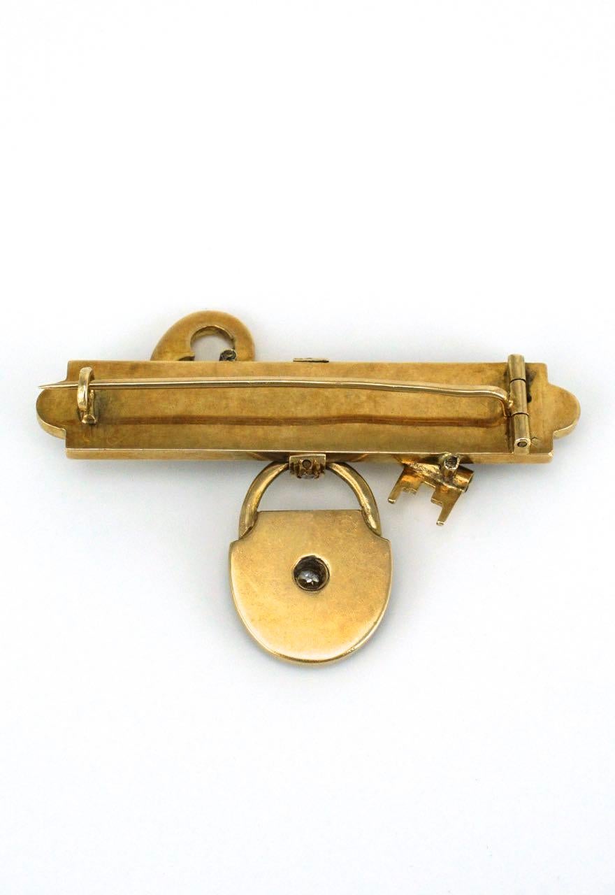 Romantic Antique 15 Karat Gold Diamond and Black Enamel Lock and Key Brooch Pin, 1880s For Sale